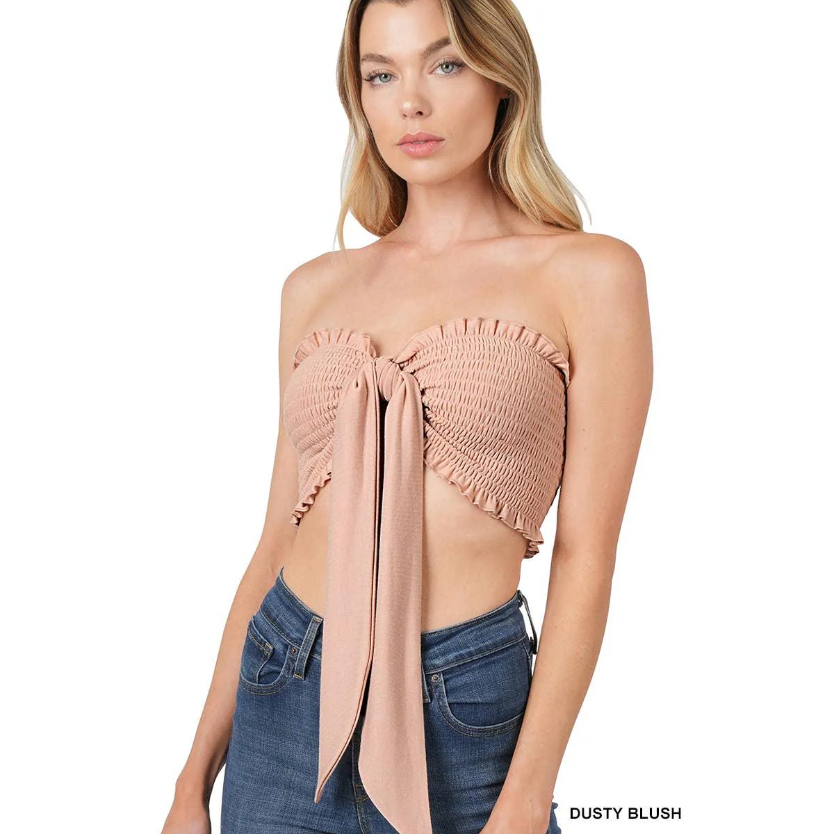 Multi-Way Smocked Bandeau Top in Ash Grey or Dusty Blush | Tie Front Crop Tube Top in Plus & Regular Sizes - Image 4