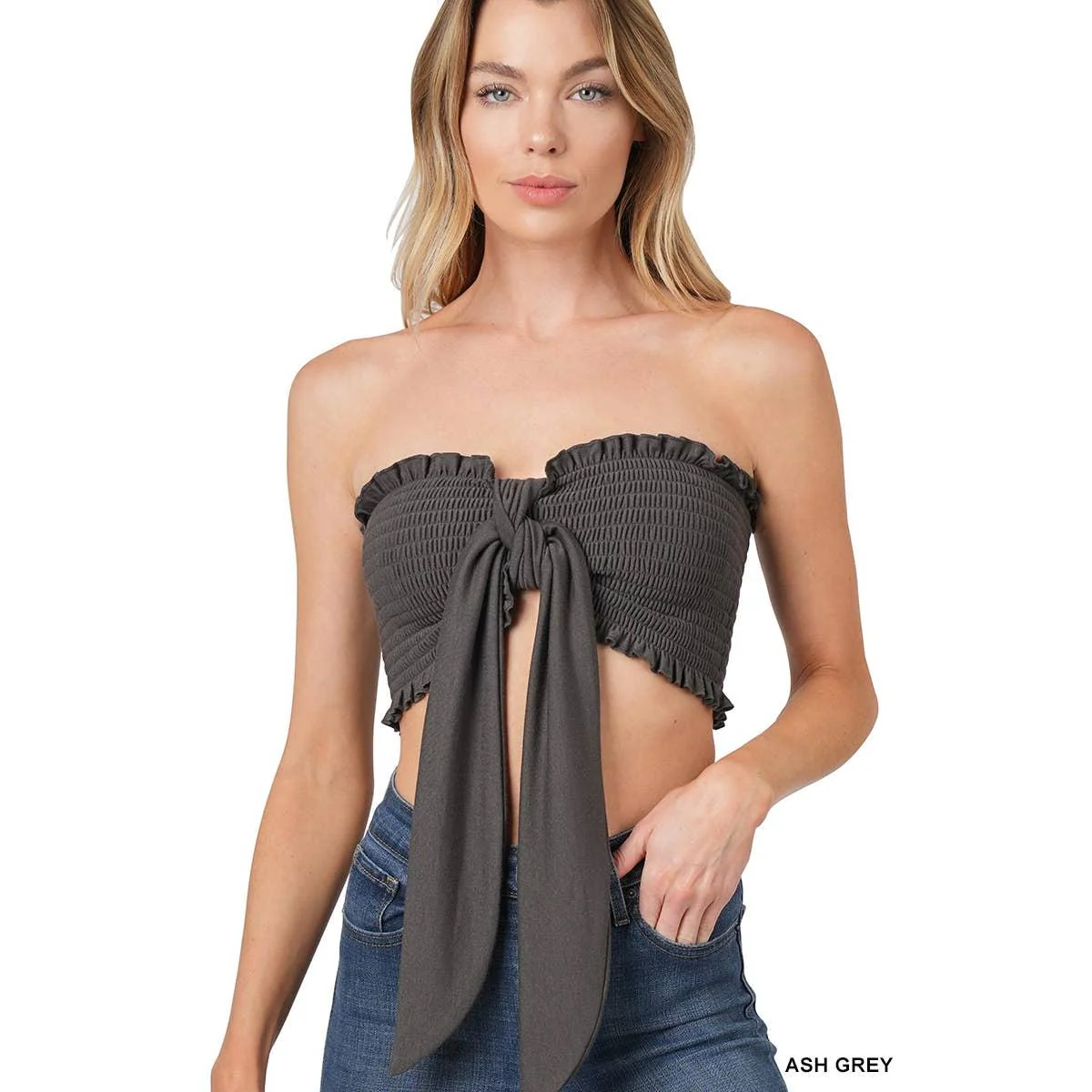 Multi-Way Smocked Bandeau Top in Ash Grey or Dusty Blush | Tie Front Crop Tube Top in Plus & Regular Sizes - Image 5