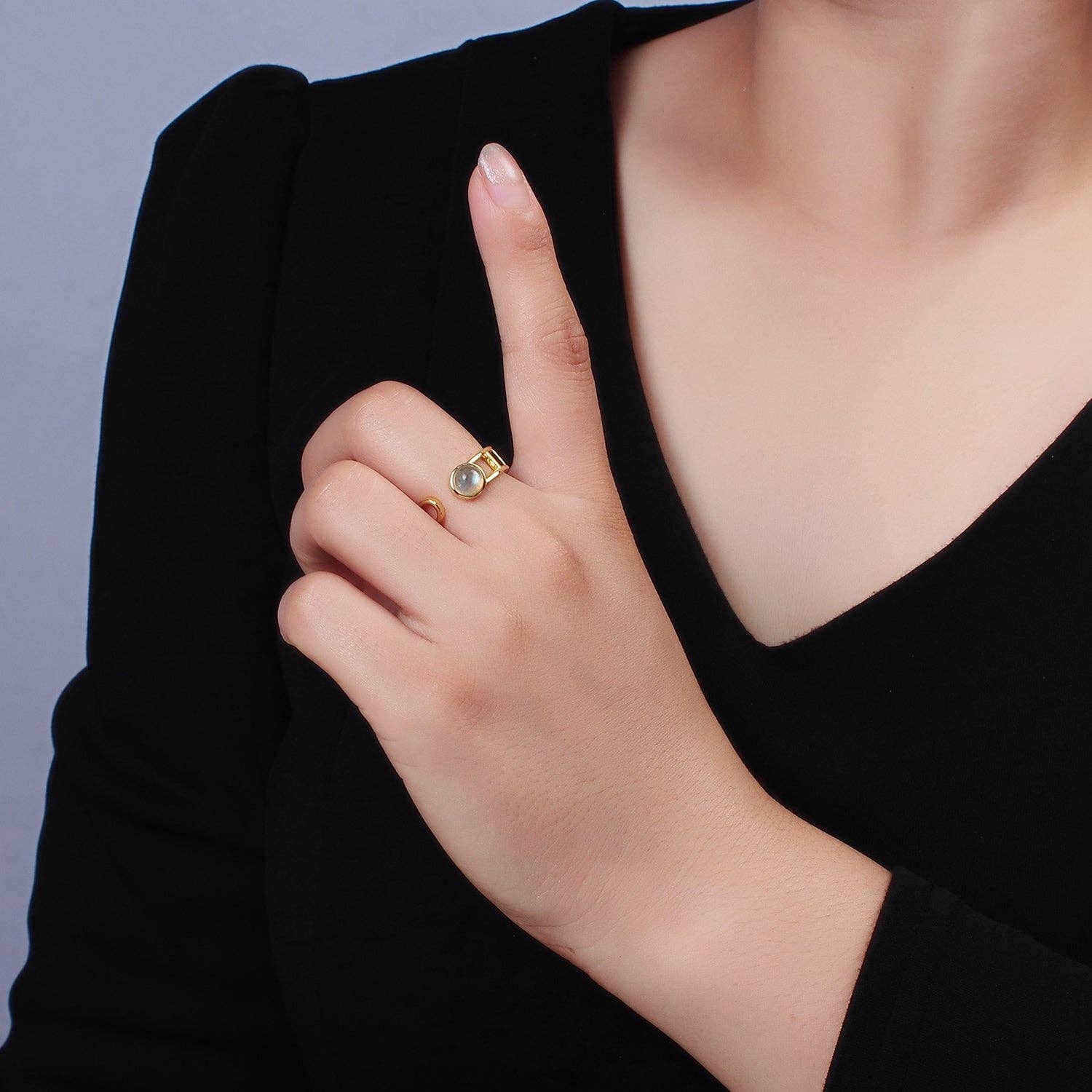 14K Gold Filled Round Labradorite Bar Wrap Double Band Ring | Adjustable One Size Fits Most - Image 2