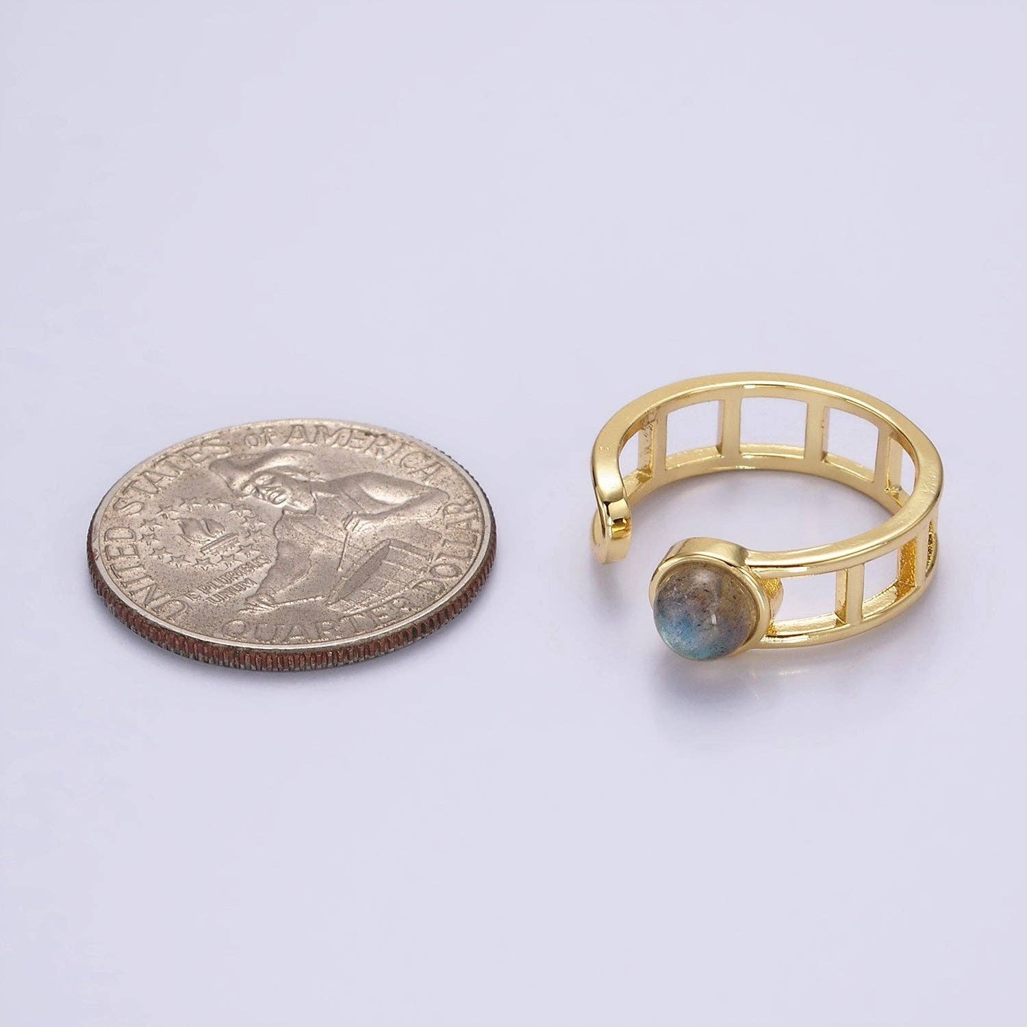 14K Gold Filled Round Labradorite Bar Wrap Double Band Ring | Adjustable One Size Fits Most - Image 4