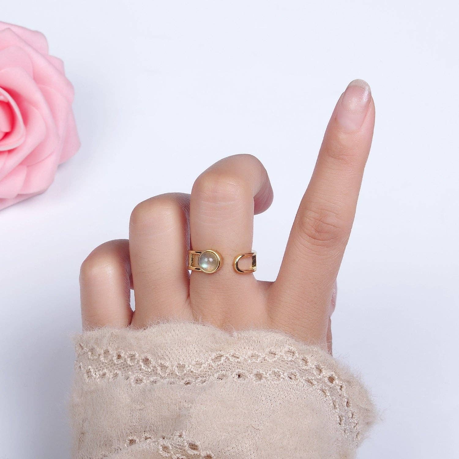 14K Gold Filled Round Labradorite Bar Wrap Double Band Ring | Adjustable One Size Fits Most - Image 5