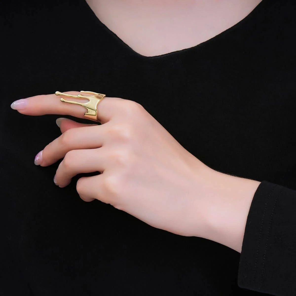 24K Gold Filled Liquid Drip Adjustable Open Ring | Geometric Chain Link Ring - Image 2