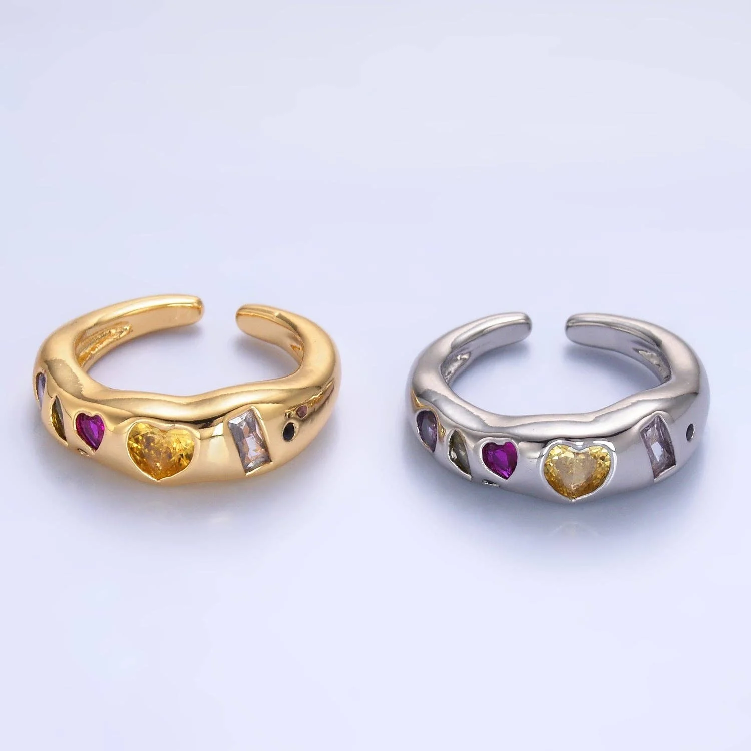 24K Gold Filled Multicolor Geometric CZ Ring | Adjustable Heart & Baguette Band