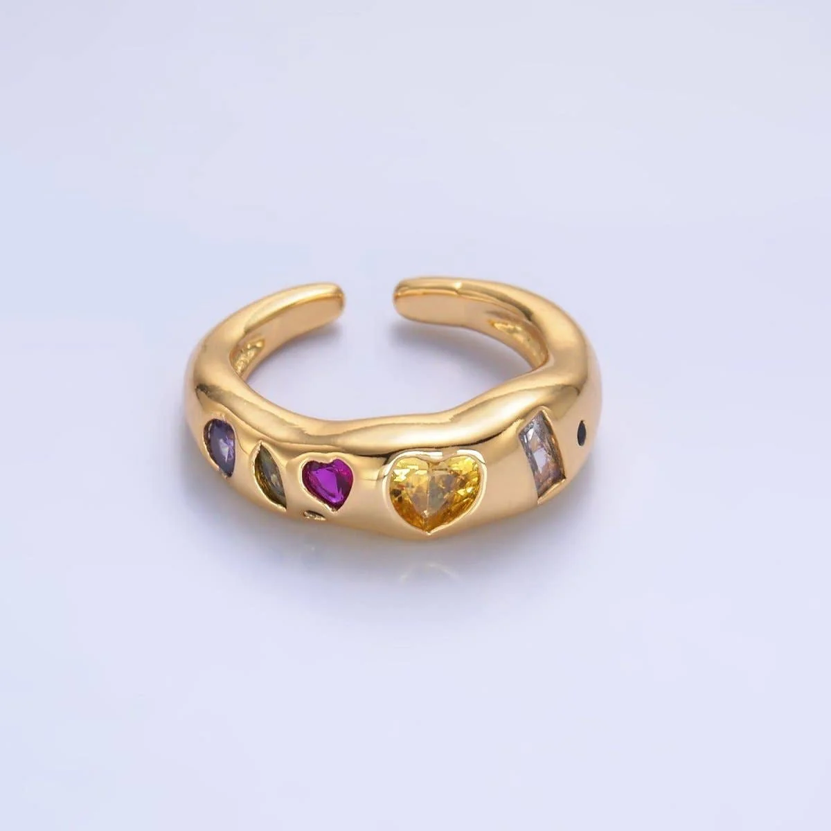 24K Gold Filled Multicolor Geometric CZ Ring | Adjustable Heart & Baguette Band - Image 3