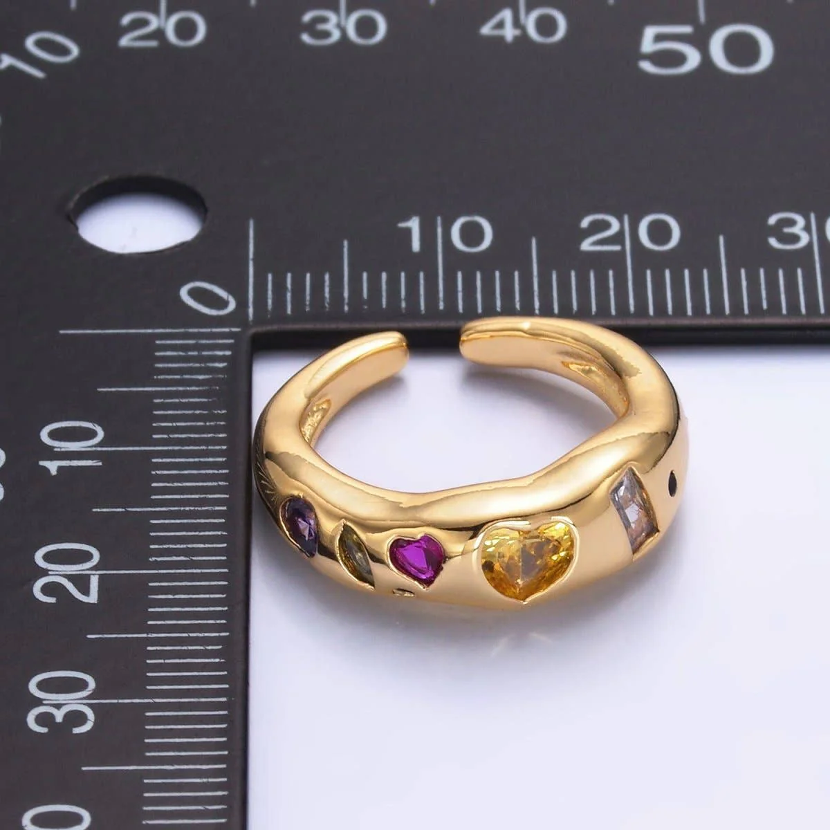 24K Gold Filled Multicolor Geometric CZ Ring | Adjustable Heart & Baguette Band - Image 4