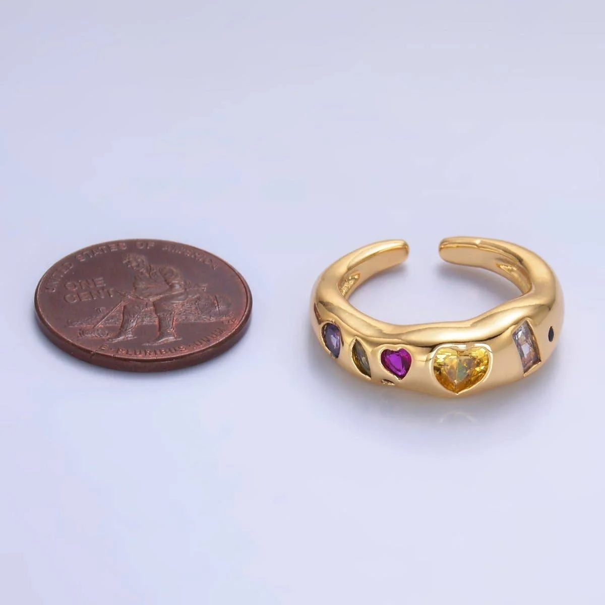 24K Gold Filled Multicolor Geometric CZ Ring | Adjustable Heart & Baguette Band - Image 5