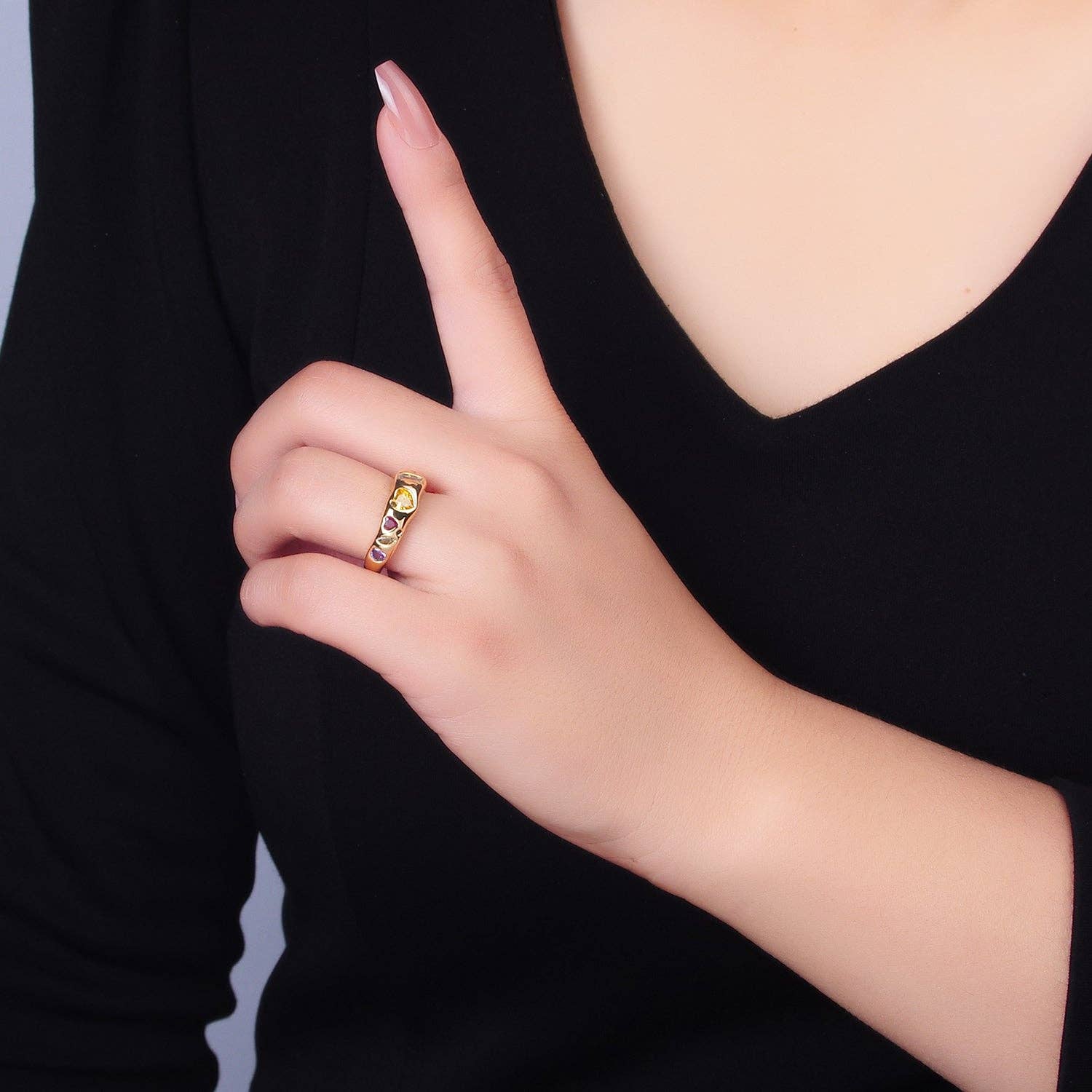 24K Gold Filled Multicolor Geometric CZ Ring | Adjustable Heart & Baguette Band - Image 6