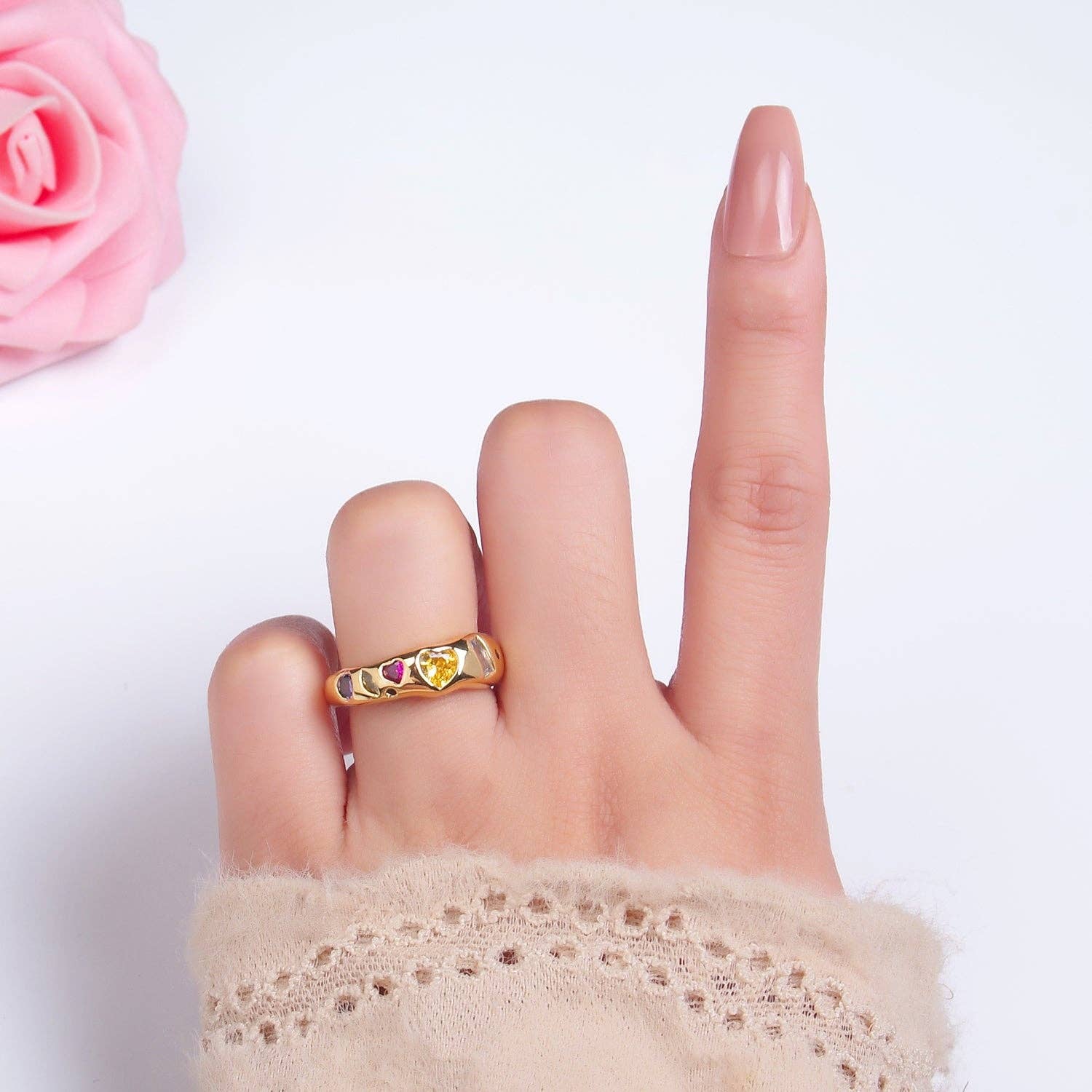 24K Gold Filled Multicolor Geometric CZ Ring | Adjustable Heart & Baguette Band - Image 7