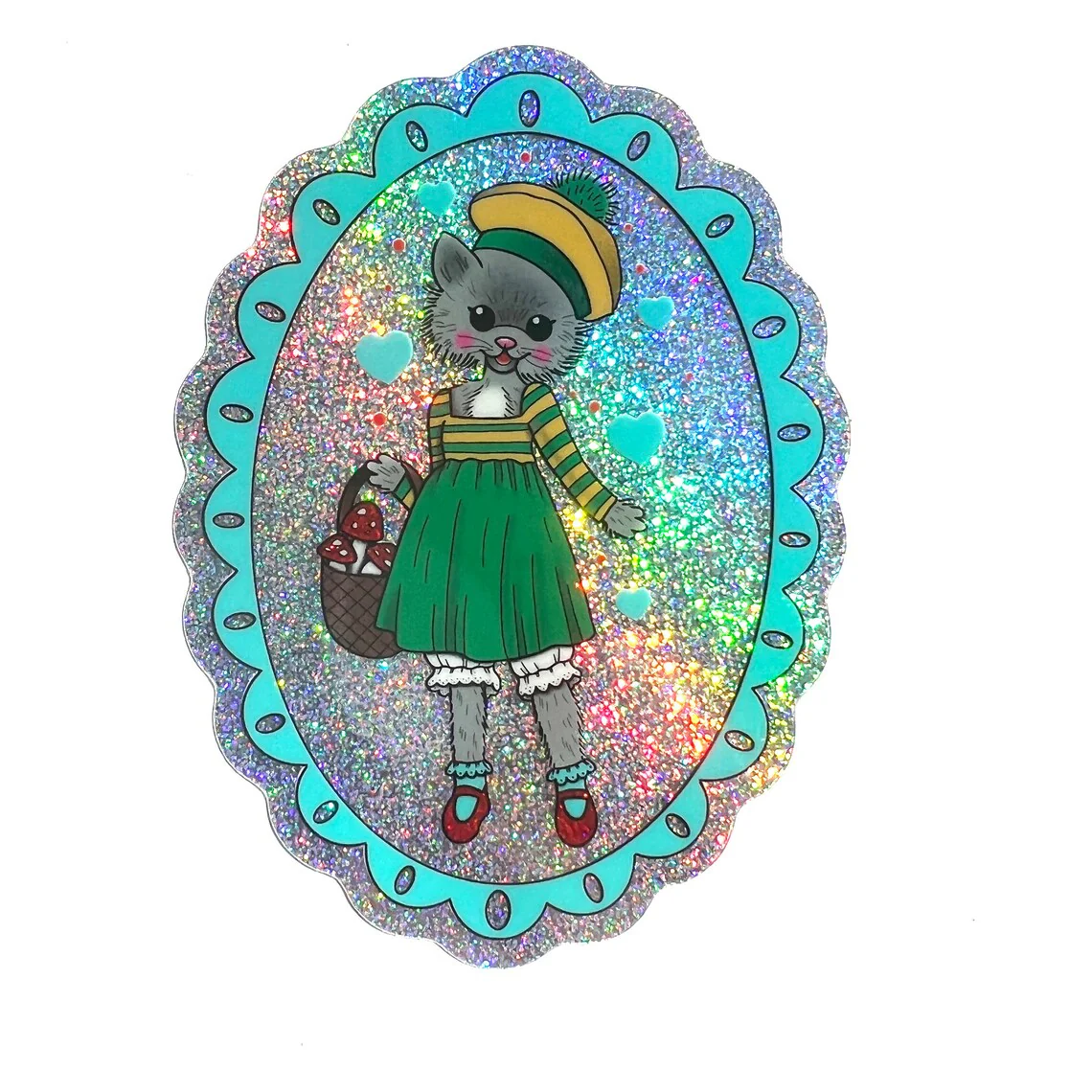 Kitty Cat Gathering Mushrooms Glitter Sparkle Vinyl Sticker | 3" - Image 3