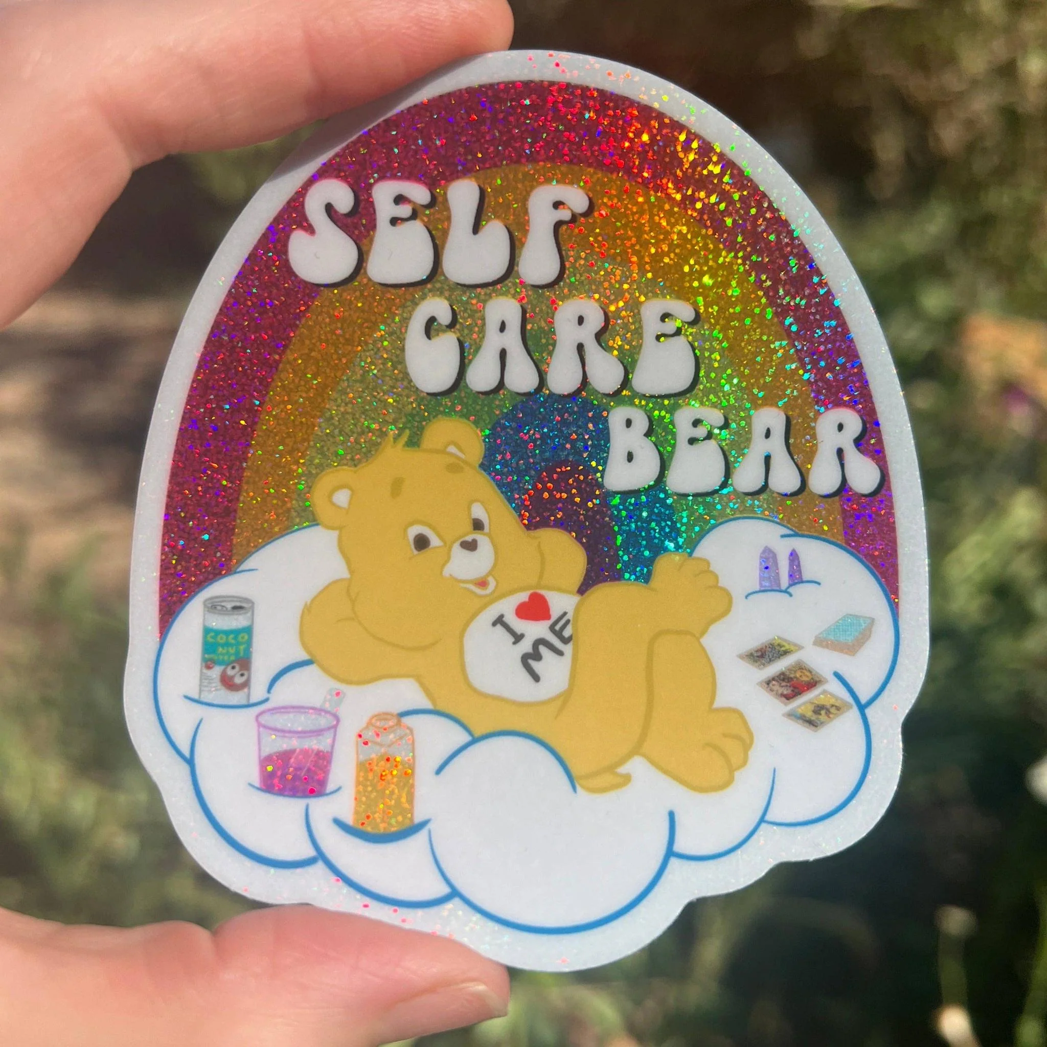 Self Care Bear Glitter 80s Toy Nostalgia Vinyl Sticker | 3"