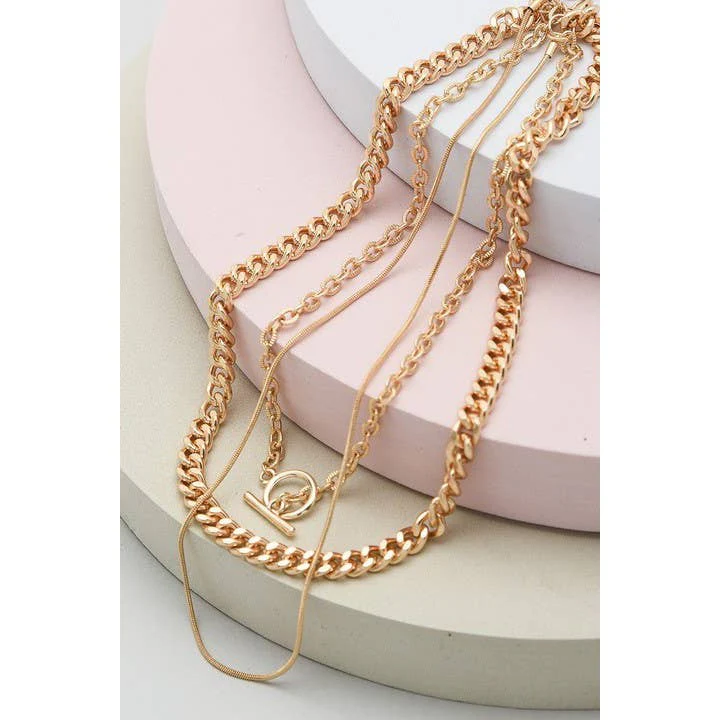 3 Row Snake Chain Toggle Layer Necklace | Multi Strand Gold Tone Fashion Jewelry