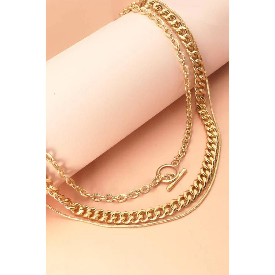 3 Row Snake Chain Toggle Layer Necklace | Multi Strand Gold Tone Fashion Jewelry - Image 2