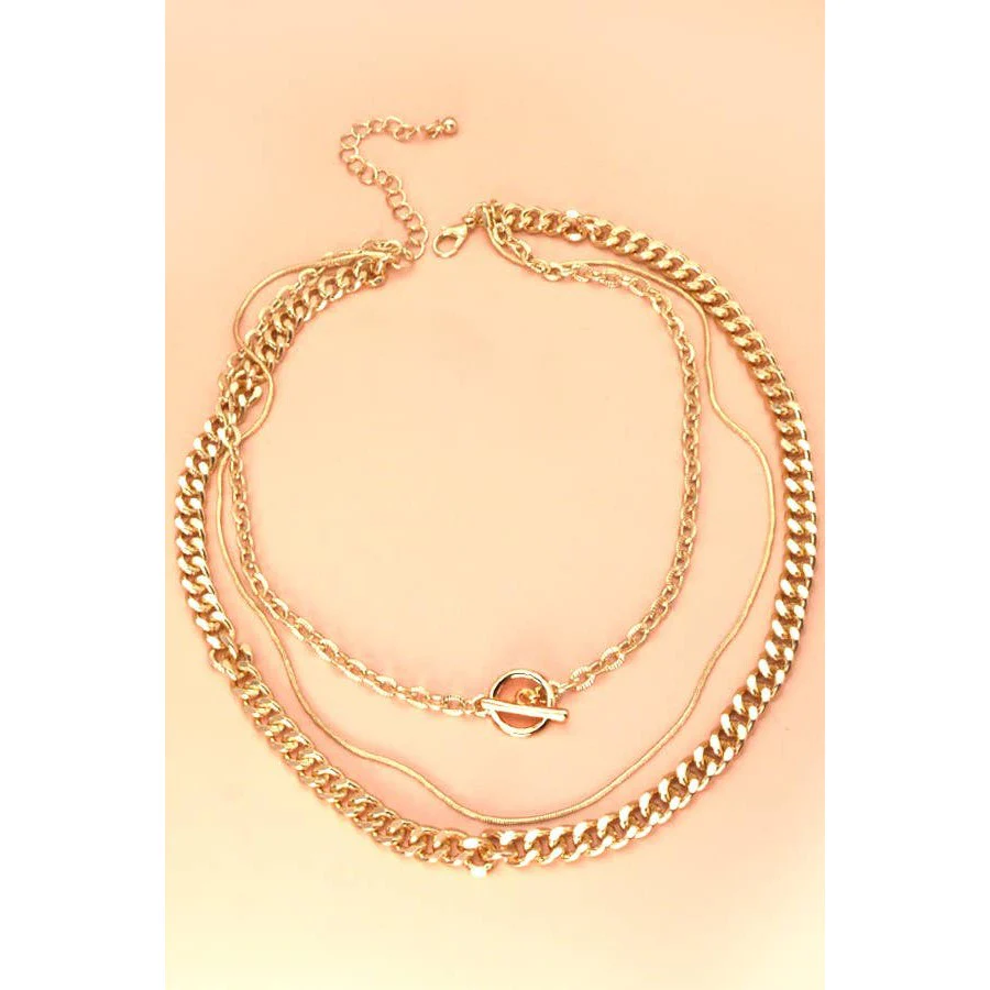 3 Row Snake Chain Toggle Layer Necklace | Multi Strand Gold Tone Fashion Jewelry - Image 3