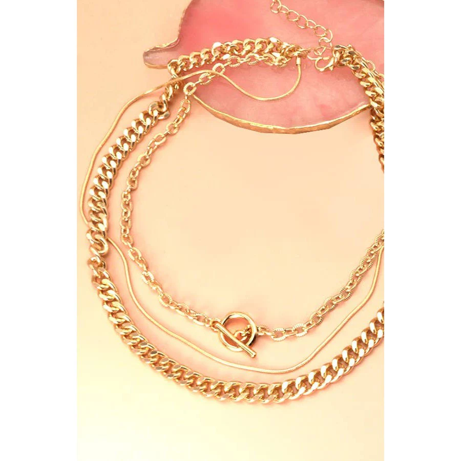 3 Row Snake Chain Toggle Layer Necklace | Multi Strand Gold Tone Fashion Jewelry - Image 4