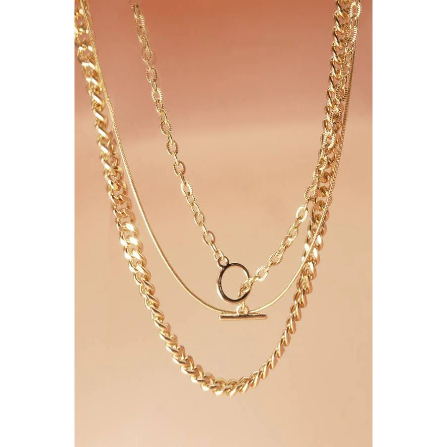3 Row Snake Chain Toggle Layer Necklace | Multi Strand Gold Tone Fashion Jewelry - Image 5