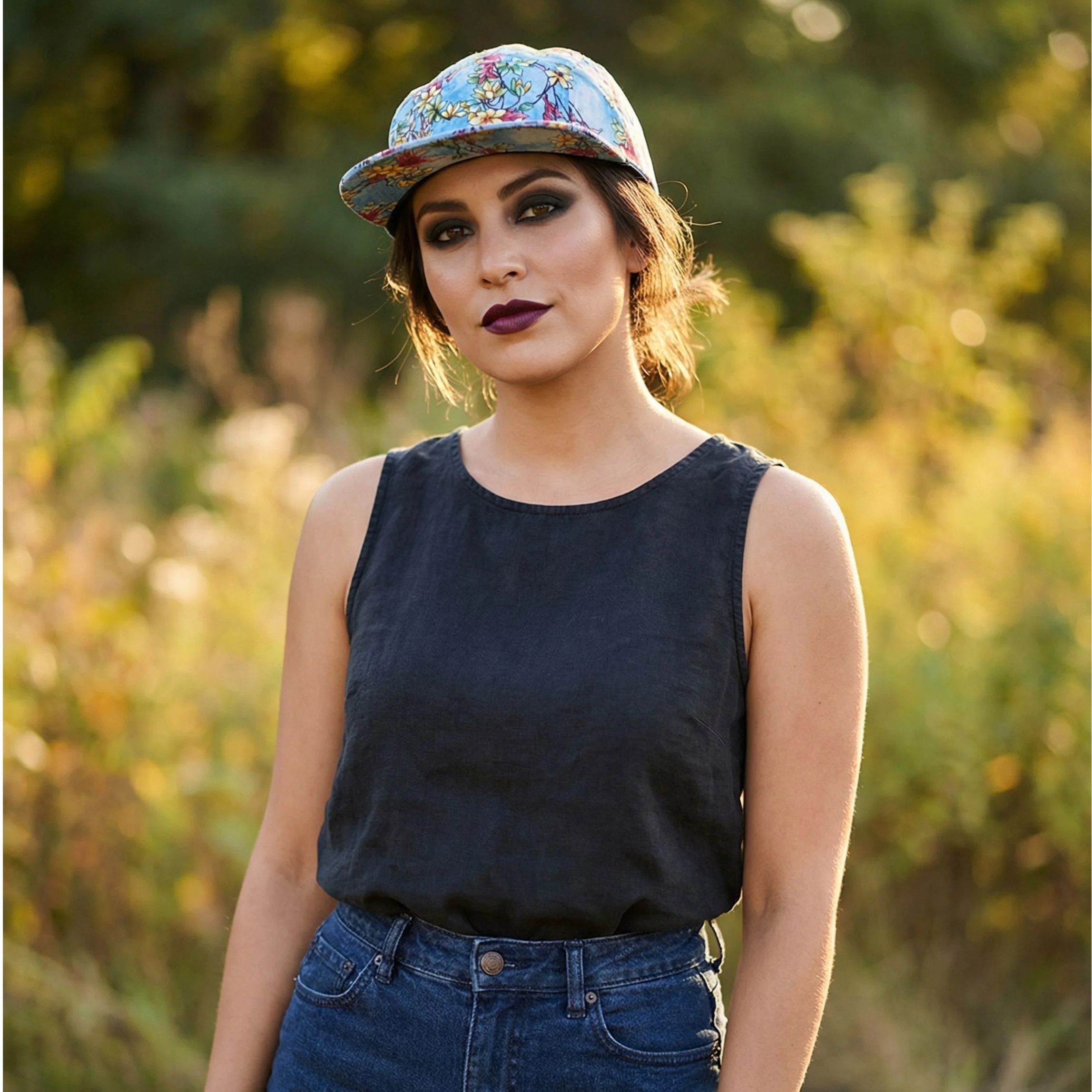 Light Blue Floral 5 Panel Cap | Cotton Blend Adjustable Back Hat - Image 3