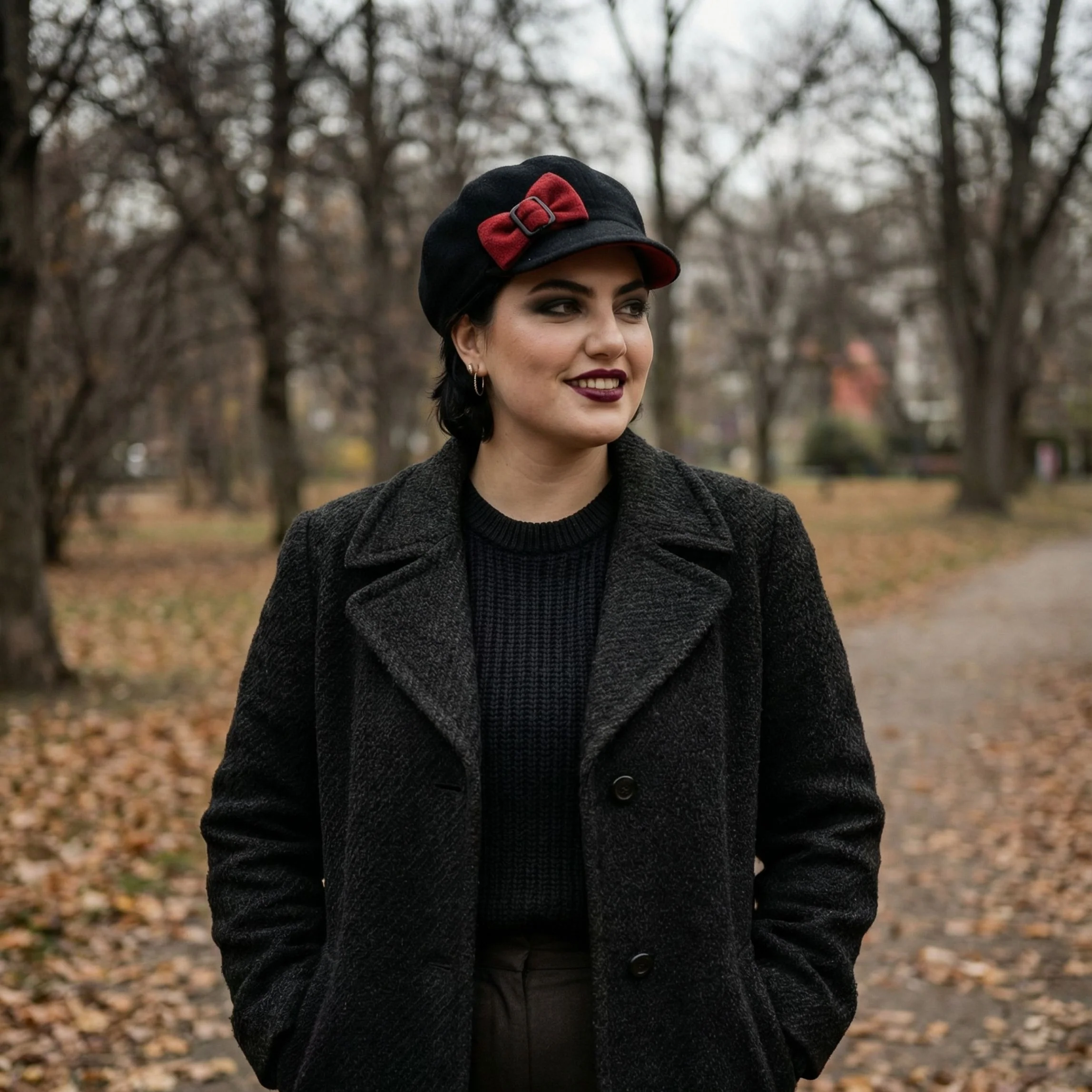 Women’s Fleece Bow Retro Winter Cap | 6 Panel Hat with Short Brim (Black/Red or Light Grey/Grey) - Image 6