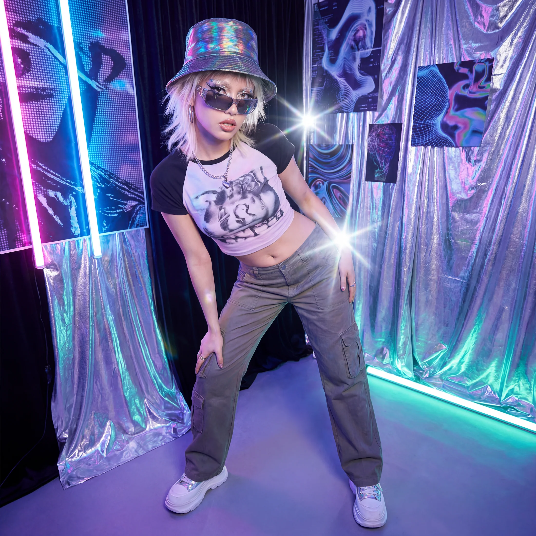 90s Style Holographic Rainbow Bucket Hat - Image 2