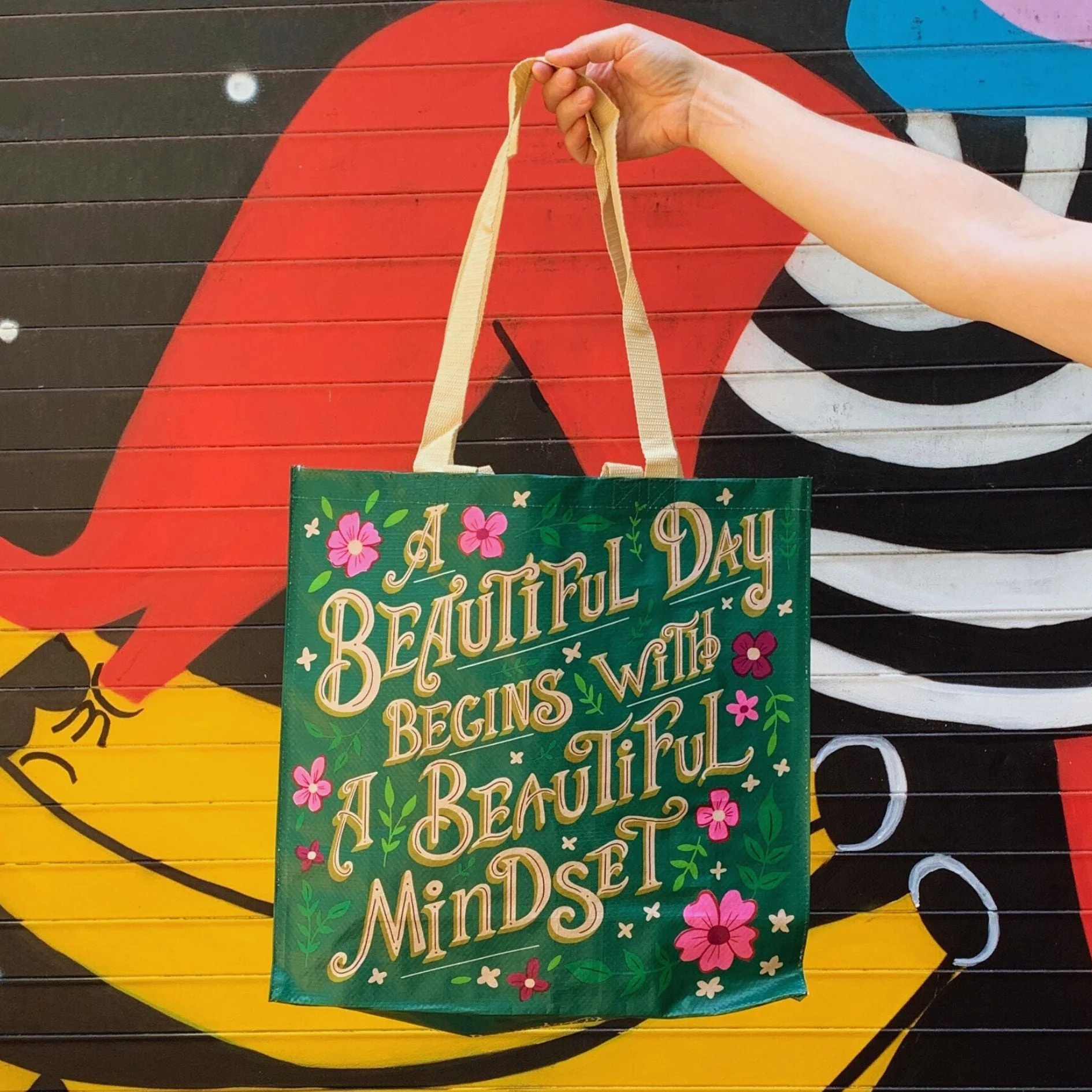 A Beautiful Day Begins With A Beautiful Mindset Floral Market Tote Bag | 15.50" x 15.25" x 6" - Image 2