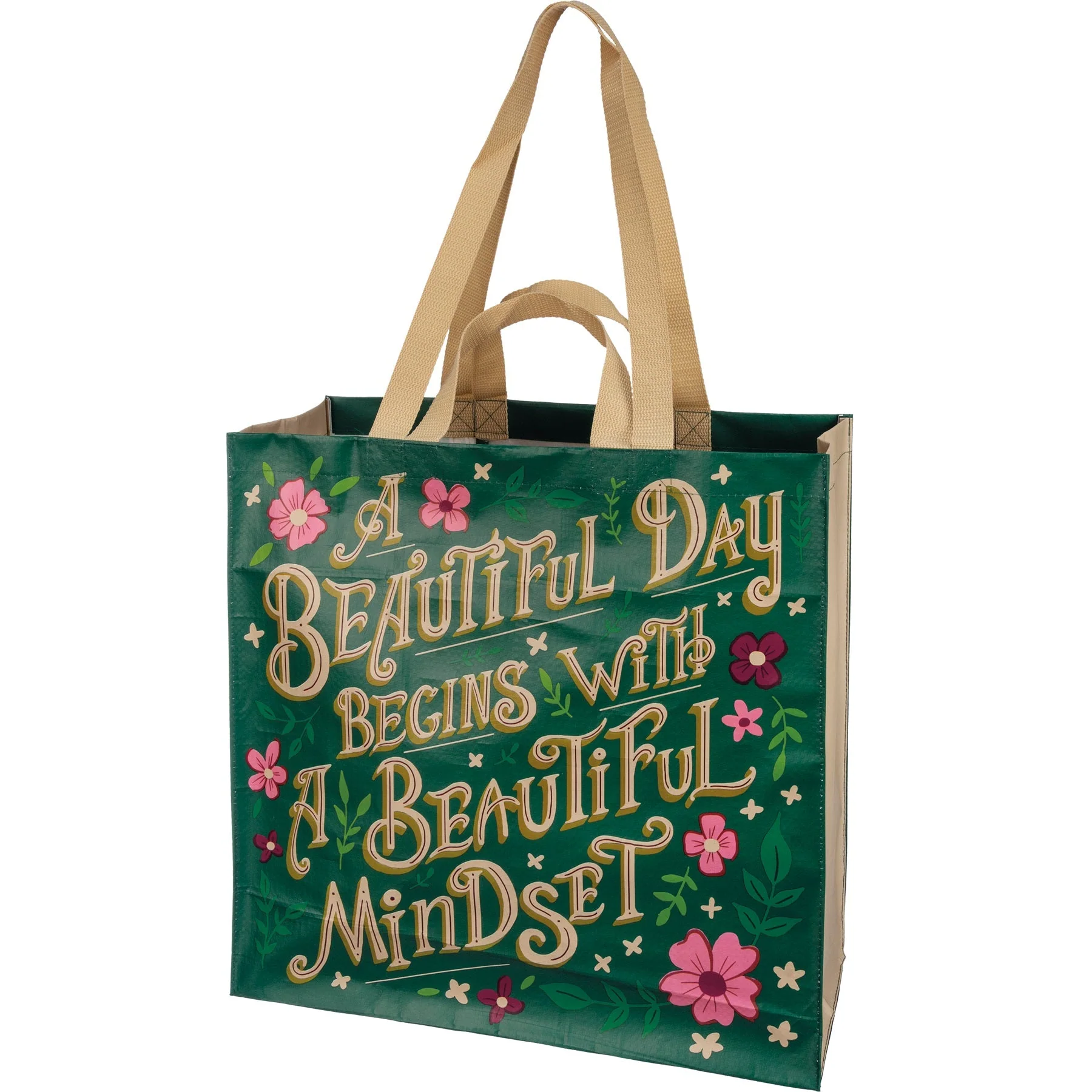 A Beautiful Day Begins With A Beautiful Mindset Floral Market Tote Bag | 15.50" x 15.25" x 6" - Image 3