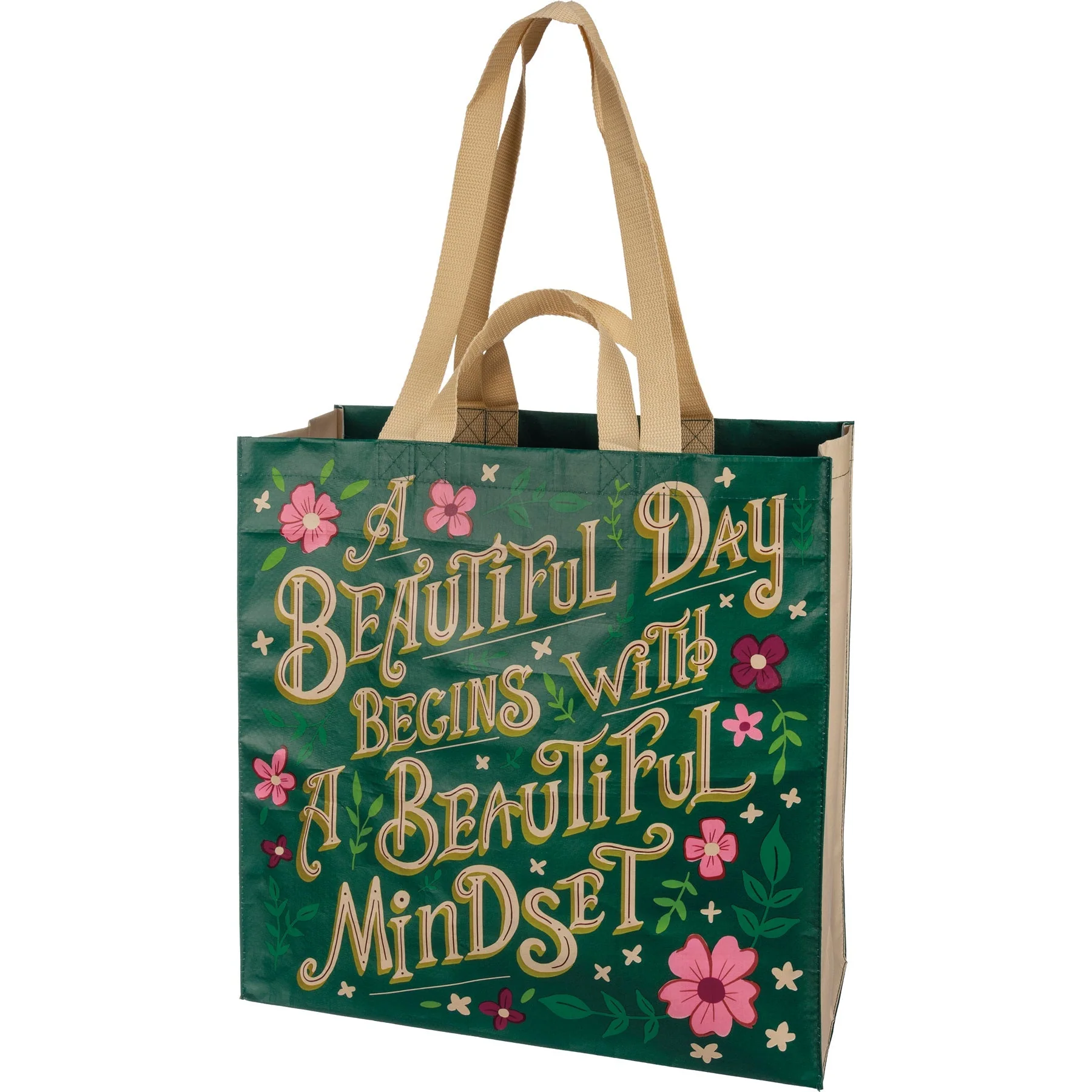 A Beautiful Day Begins With A Beautiful Mindset Floral Market Tote Bag | 15.50" x 15.25" x 6" - Image 4