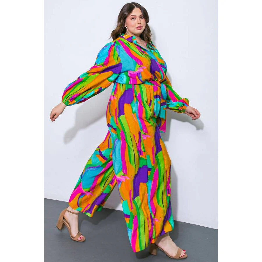 Plus Size Watercolor Printed Woven Jumpsuit | Green Pink Long Sleeve Overall Romper [Sizes 1X-3X] - Image 2