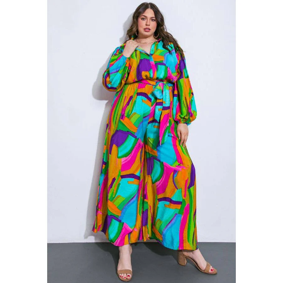 Plus Size Watercolor Printed Woven Jumpsuit | Green Pink Long Sleeve Overall Romper [Sizes 1X-3X] - Image 4