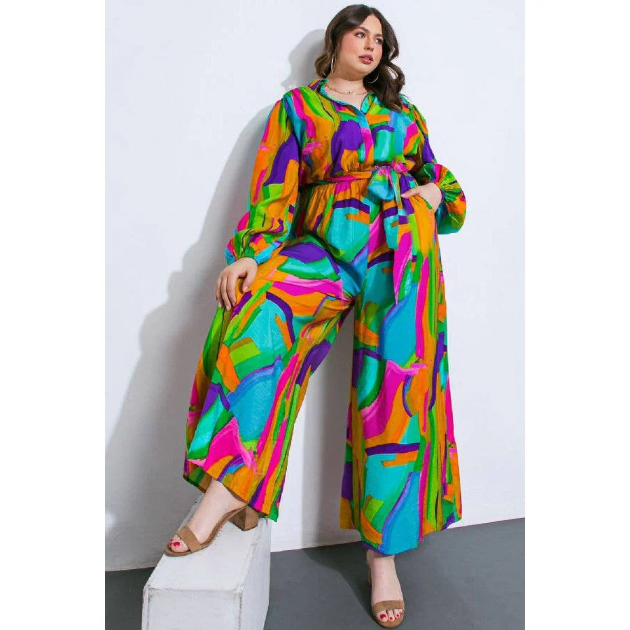 Plus Size Watercolor Printed Woven Jumpsuit | Green Pink Long Sleeve Overall Romper [Sizes 1X-3X] - Image 5