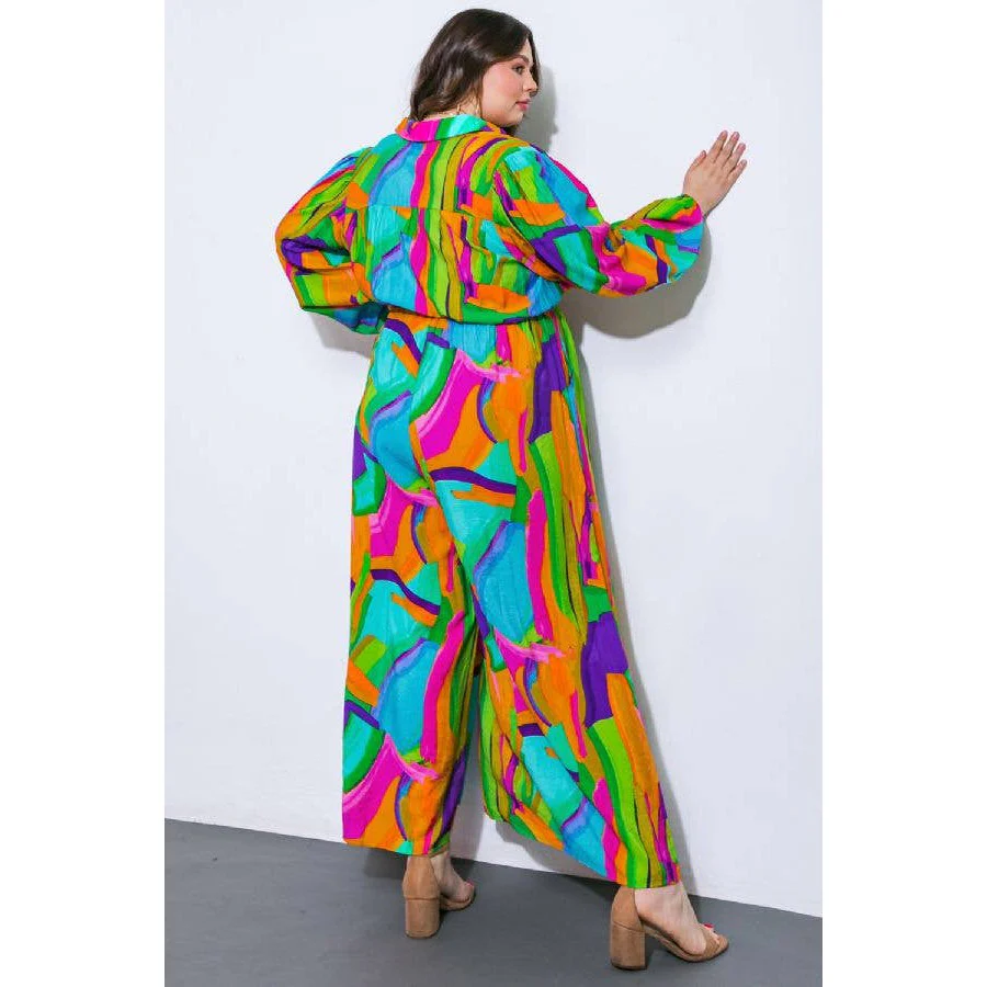 Plus Size Watercolor Printed Woven Jumpsuit | Green Pink Long Sleeve Overall Romper [Sizes 1X-3X] - Image 6