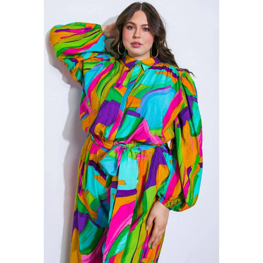 Plus Size Watercolor Printed Woven Jumpsuit | Green Pink Long Sleeve Overall Romper [Sizes 1X-3X] - Image 7