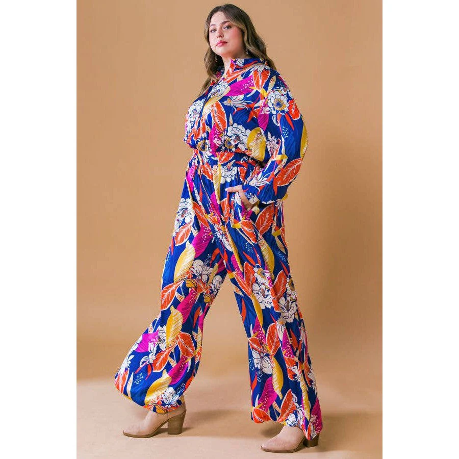 Plus Size Printed Woven Jumpsuit in Blue with Flowers And Leaf Designs | Long Sleeve Romper [Sizes 1X-3X] - Image 3