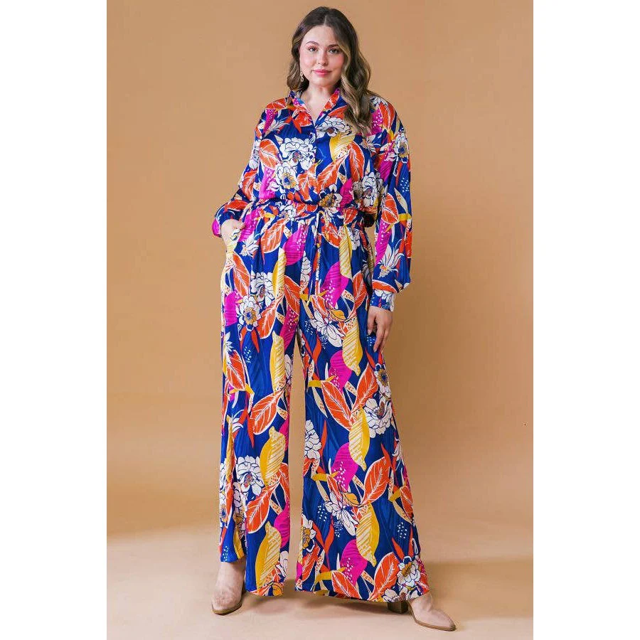 Plus Size Printed Woven Jumpsuit in Blue with Flowers And Leaf Designs | Long Sleeve Romper [Sizes 1X-3X] - Image 6