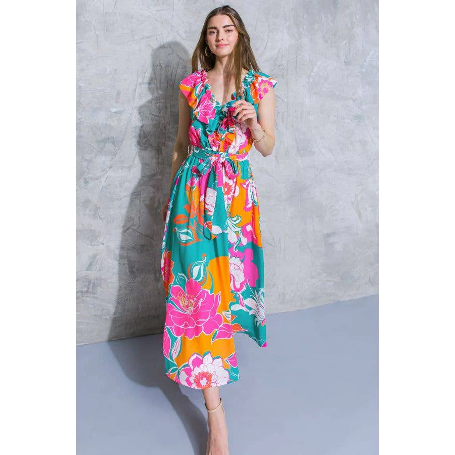 [Sizes SM-L] Floral Printed Woven Midi Dress in Teal Orange | Ruffled V Neckline Mid Calf - Image 2