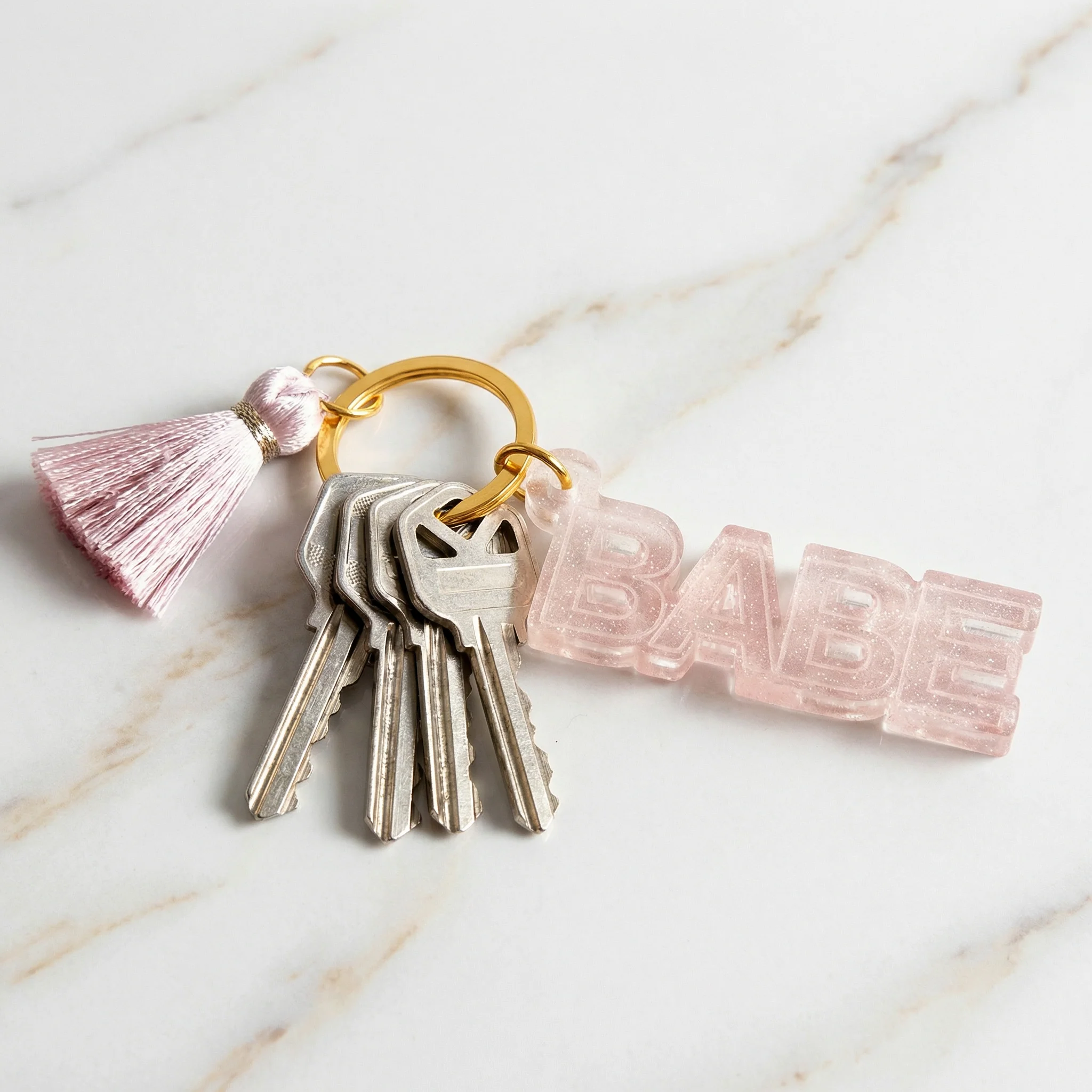 Acrylic Keychain with Tassel - XOXO or Babe | Cute Gold Tone Key Ring Gift Accessory - Image 4