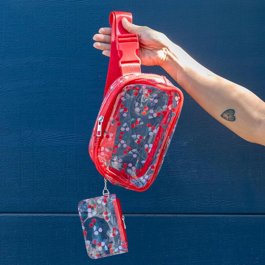 Red Cherries Clear Adjustable Belt Bag | Transparent Fruit Print Crossbody Waist Bag - Image 3