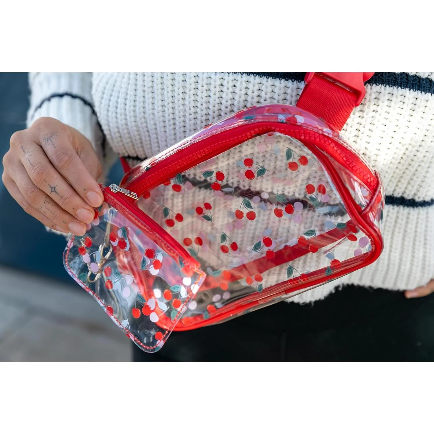 Red Cherries Clear Adjustable Belt Bag | Transparent Fruit Print Crossbody Waist Bag - Image 4