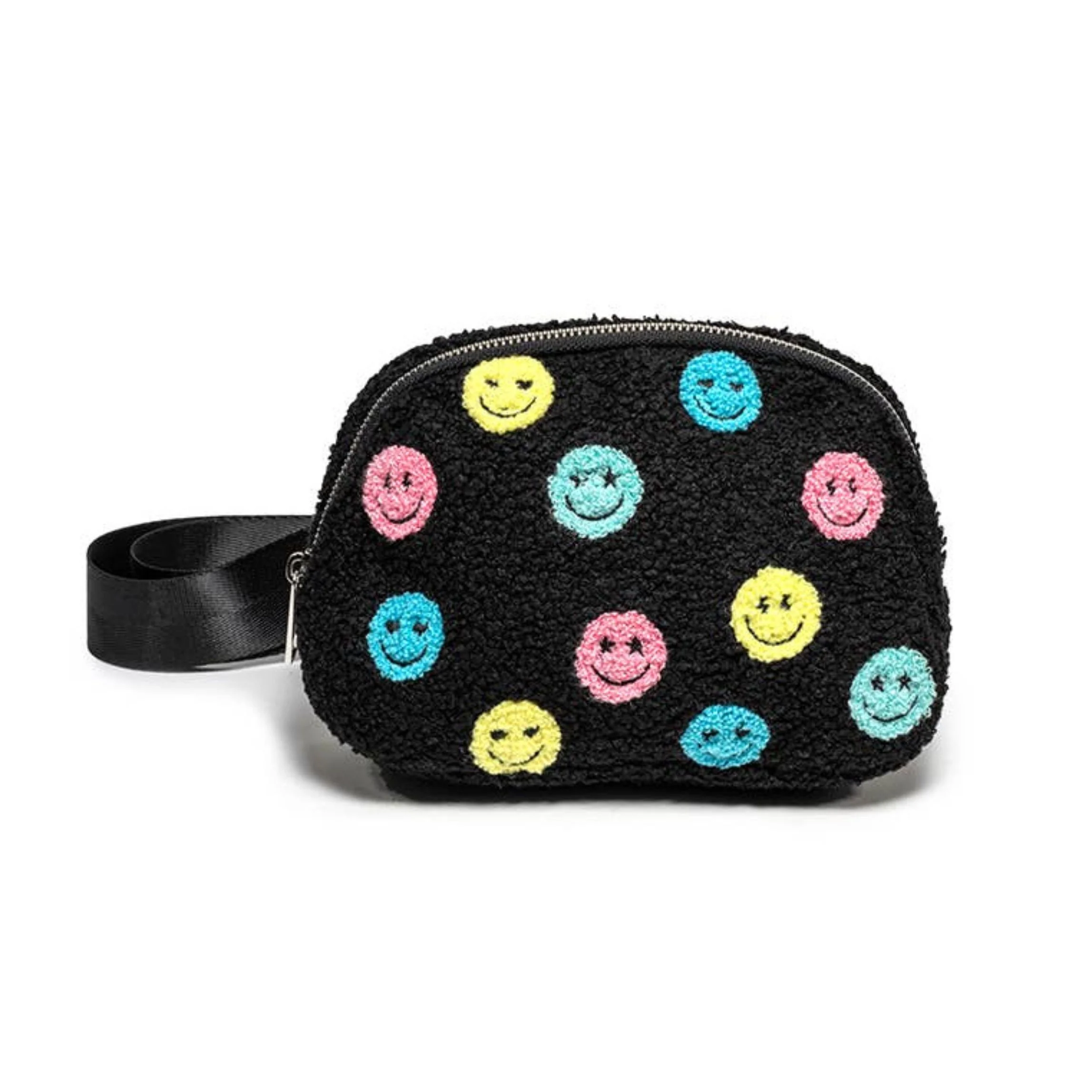 Multi-Colored Happy Faces Adjustable Belt Bag in Black | Stylish Crossbody Waist Bag - Image 2