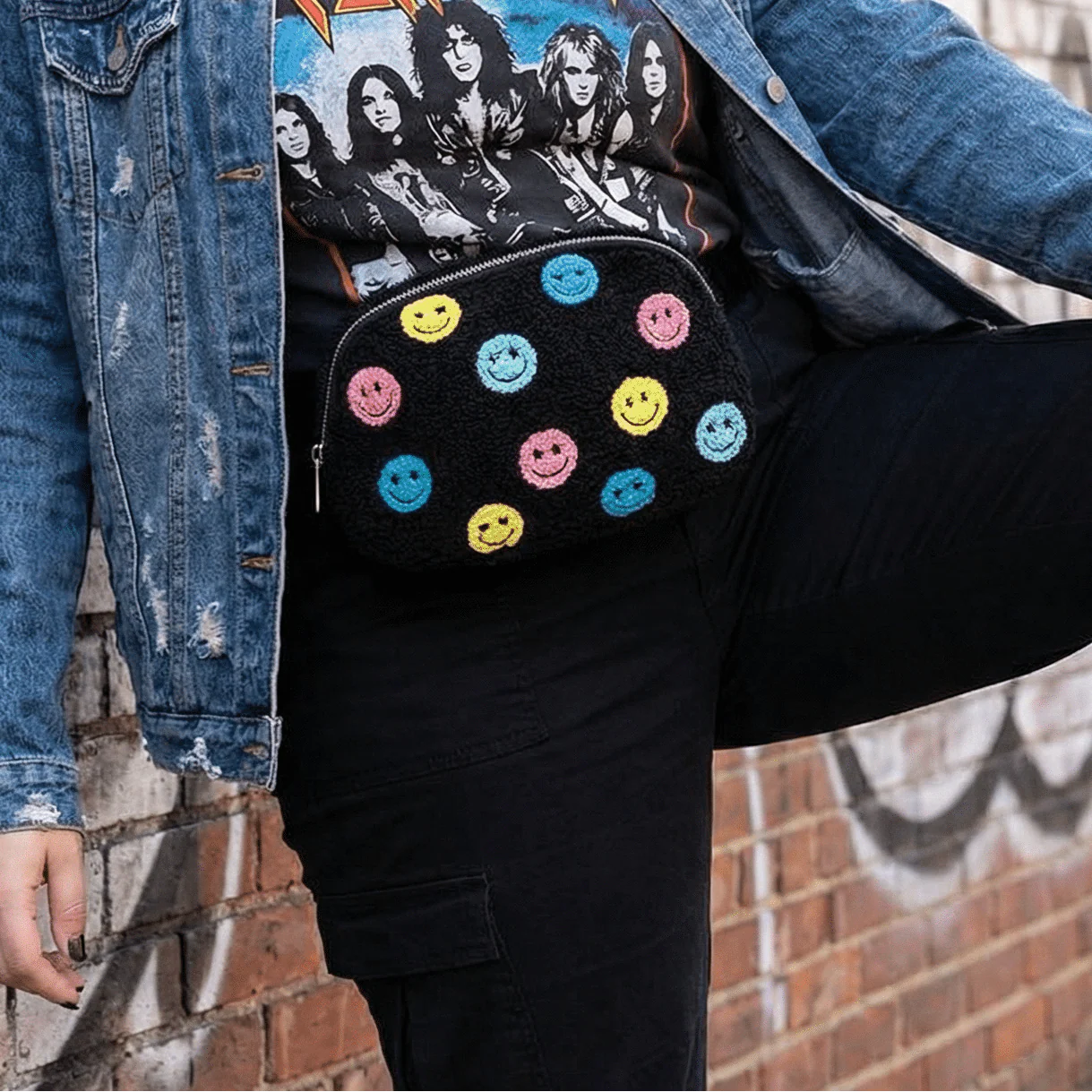 Multi-Colored Happy Faces Adjustable Belt Bag in Black | Stylish Crossbody Waist Bag - Image 8