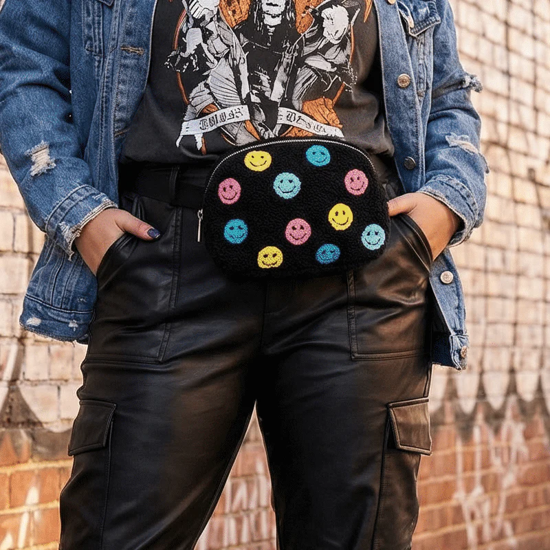 Multi-Colored Happy Faces Adjustable Belt Bag in Black | Stylish Crossbody Waist Bag - Image 9