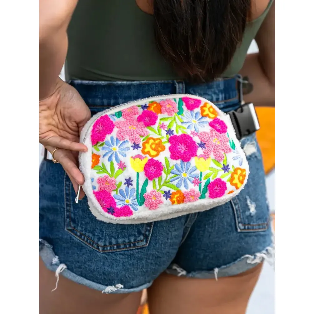 Spring Flowers in Bloom White Adjustable Belt Bag | Floral Crossbody Waist Bag - Image 5