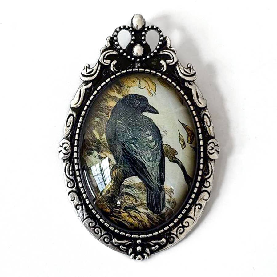 Antique Crow Cameo Art Brooch in Vintage Silver