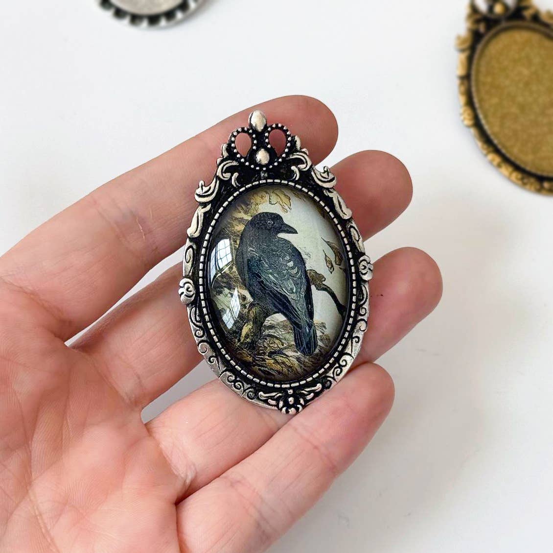 Antique Crow Cameo Art Brooch in Vintage Silver - Image 3