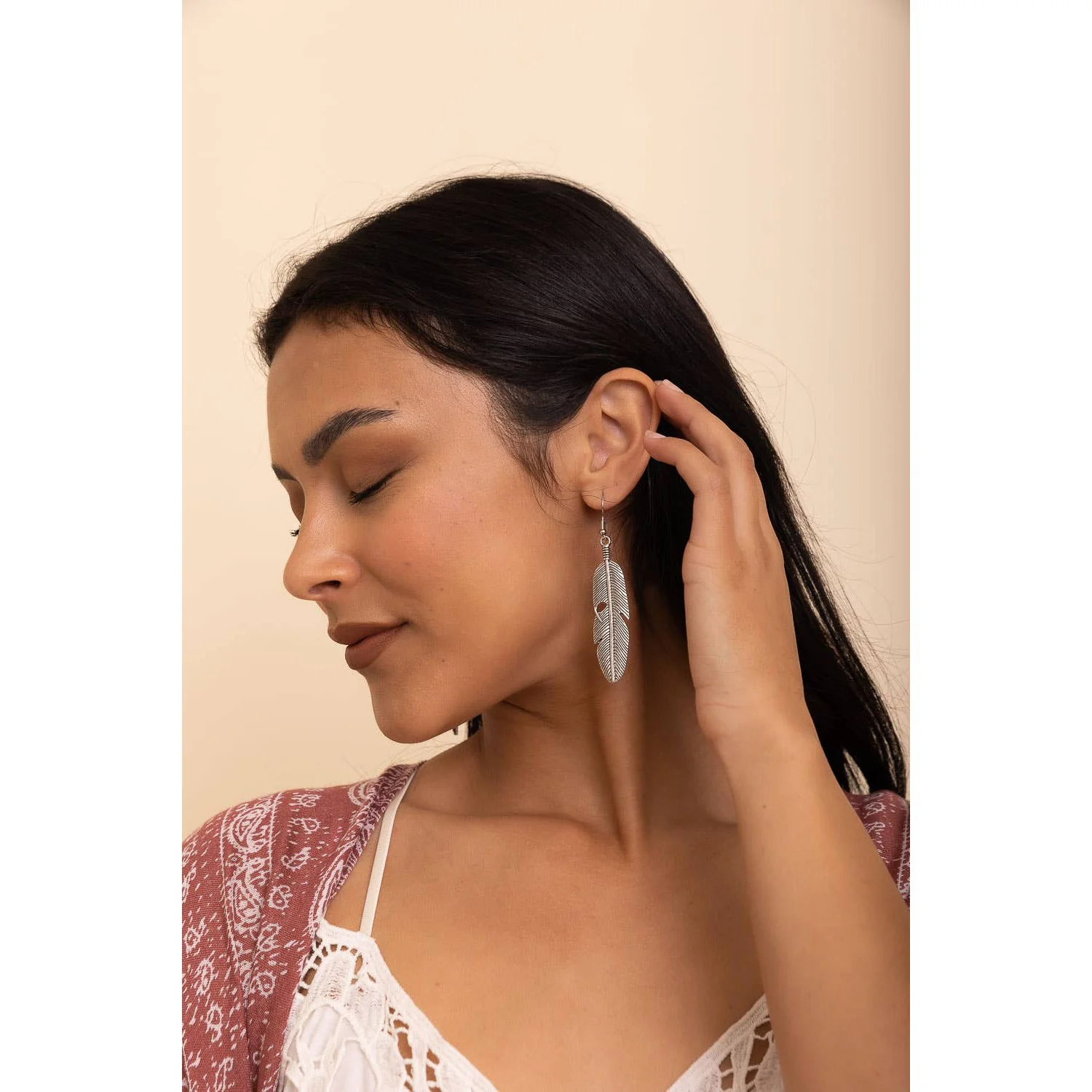 Antique Silver Feather Dangle Earrings | Boho Inspired Jewelry - Image 4