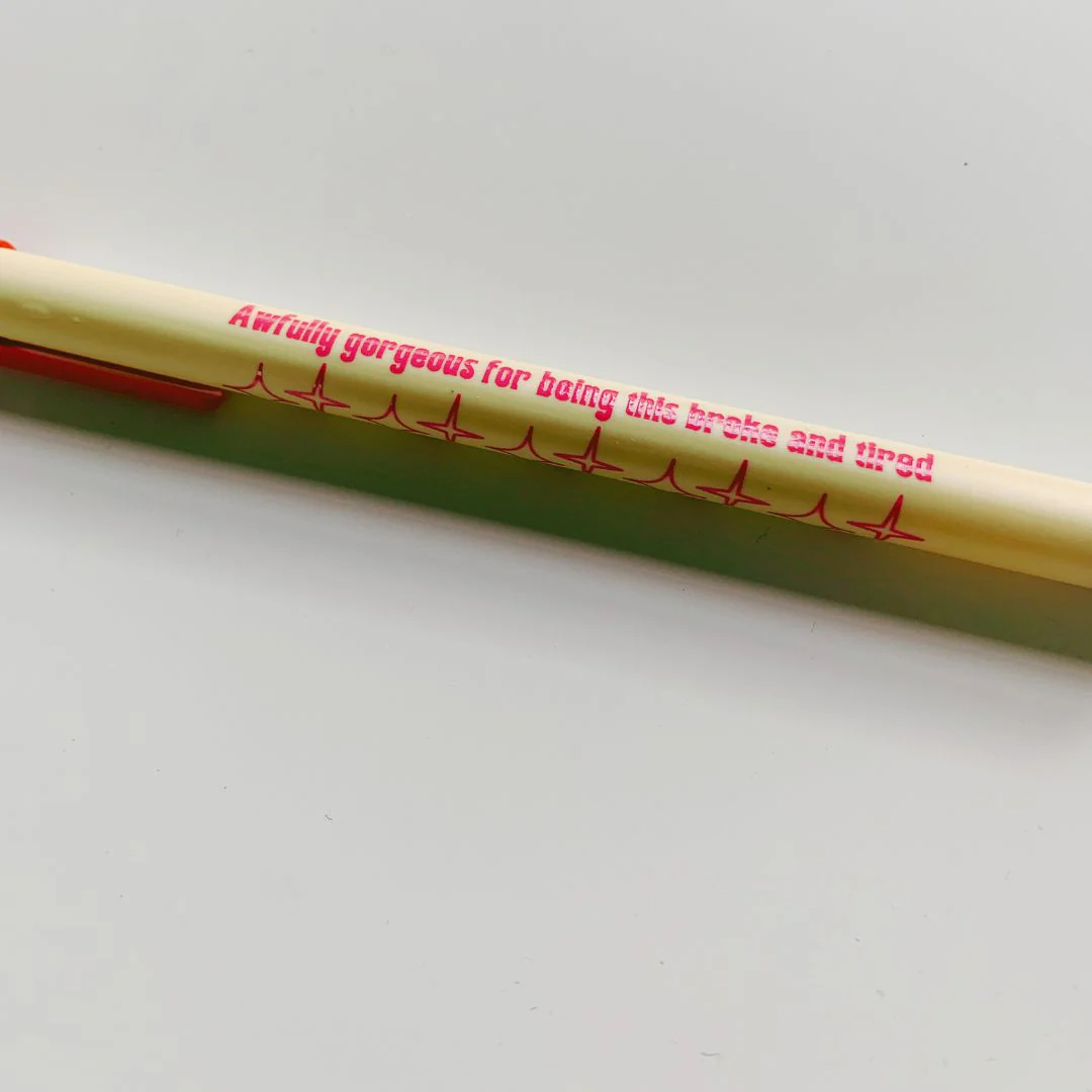 Awfully Gorgeous For Being This Broke And Tired Ballpoint Pen in Cream | Gen Z Aesthetic Blue Ink - Image 3