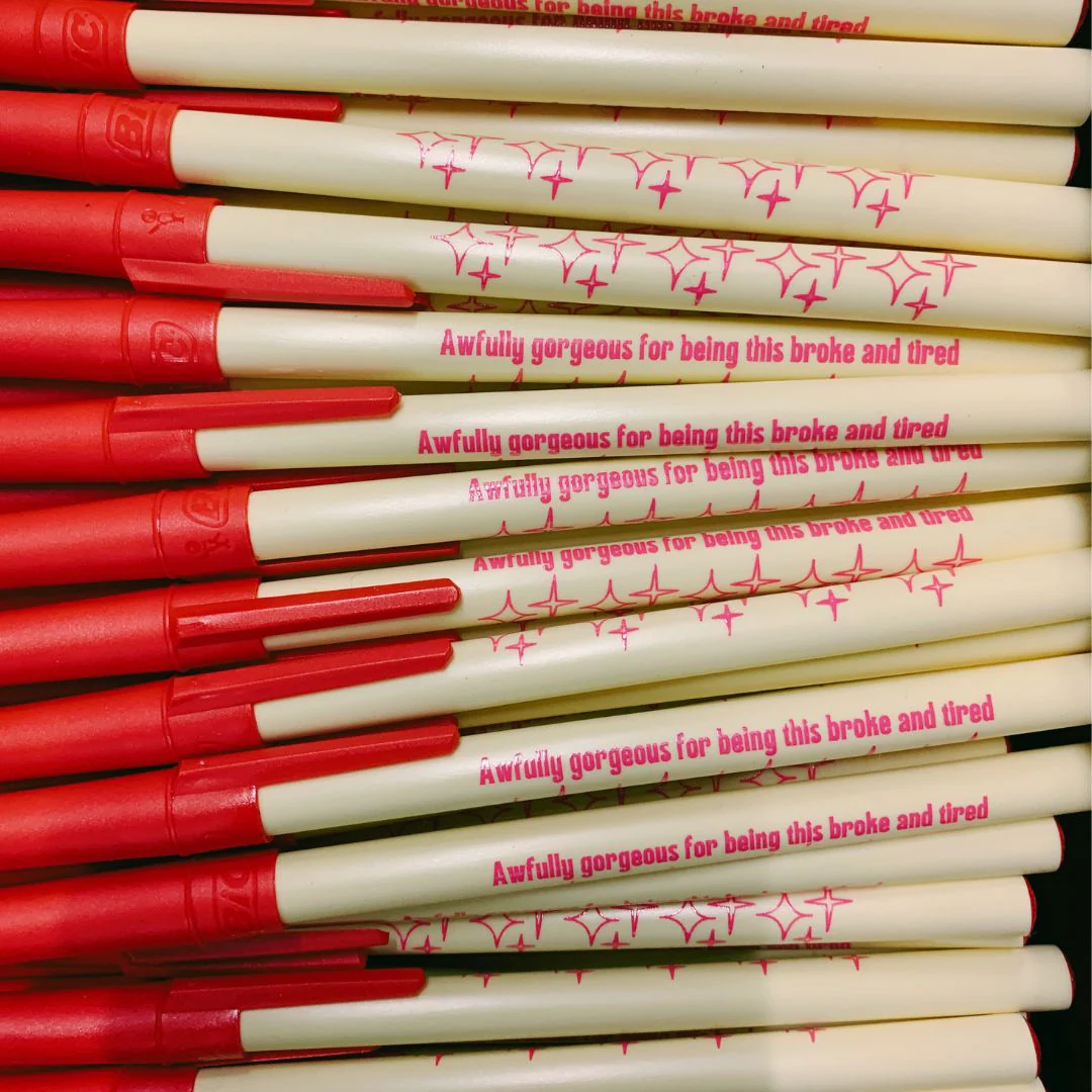 Awfully Gorgeous For Being This Broke And Tired Ballpoint Pen in Cream | Gen Z Aesthetic Blue Ink - Image 4