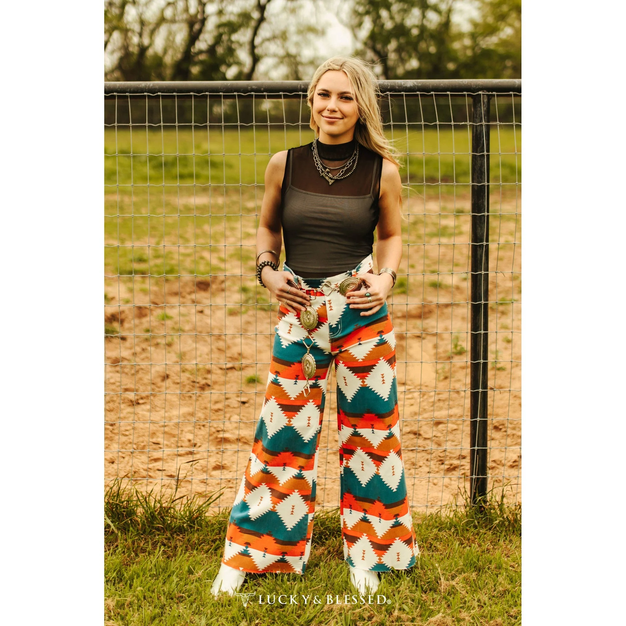 Aztec Tummy Control Cropped Wide Leg Jeans | Western [Sizes 6-14] - Image 3