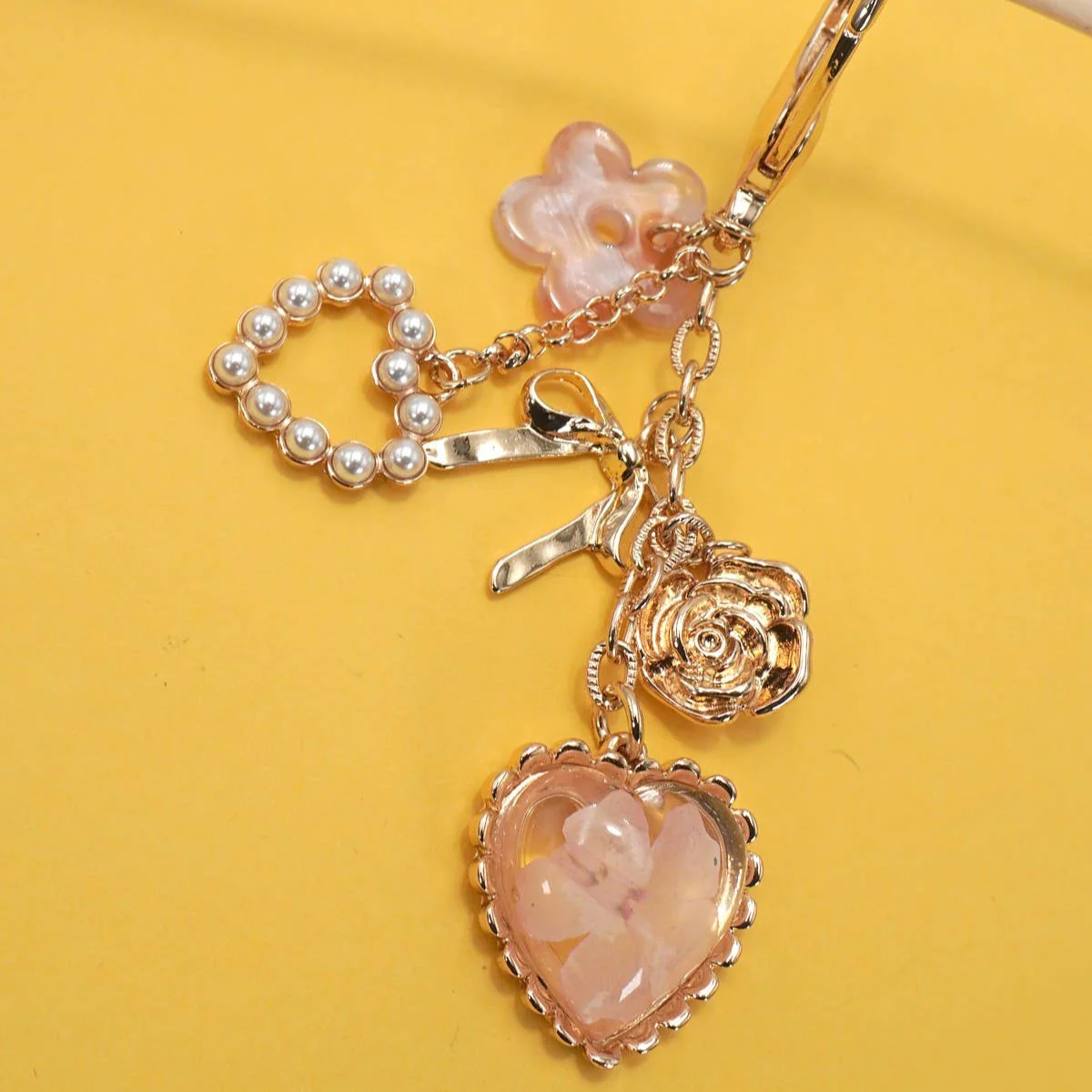 Pressed Flower Coquettecore Bow Pearl Heart Bag Charm in Gold Plating | Keychain Tote Accessories