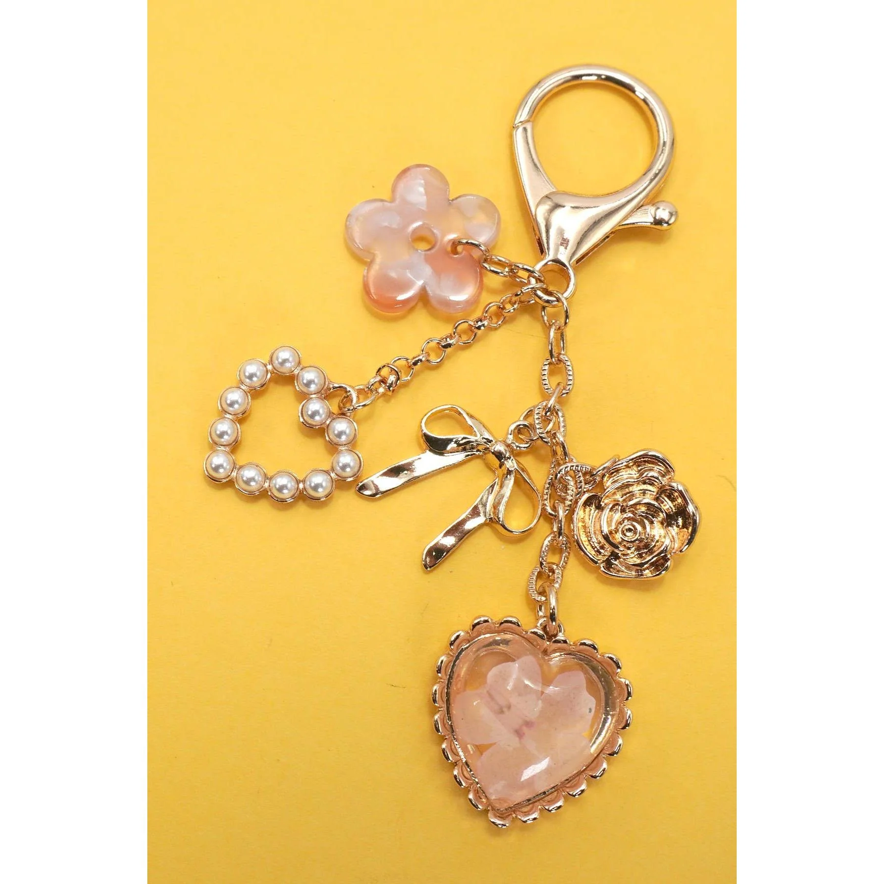 Pressed Flower Coquettecore Bow Pearl Heart Bag Charm in Gold Plating | Keychain Tote Accessories - Image 2