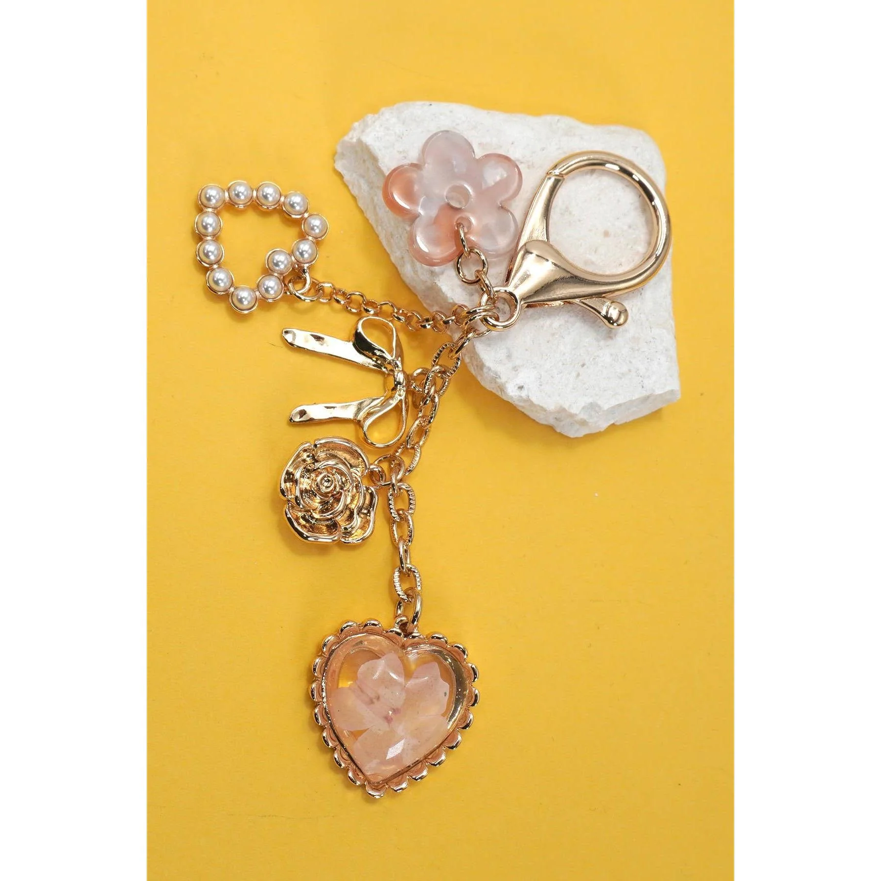 Pressed Flower Coquettecore Bow Pearl Heart Bag Charm in Gold Plating | Keychain Tote Accessories - Image 3