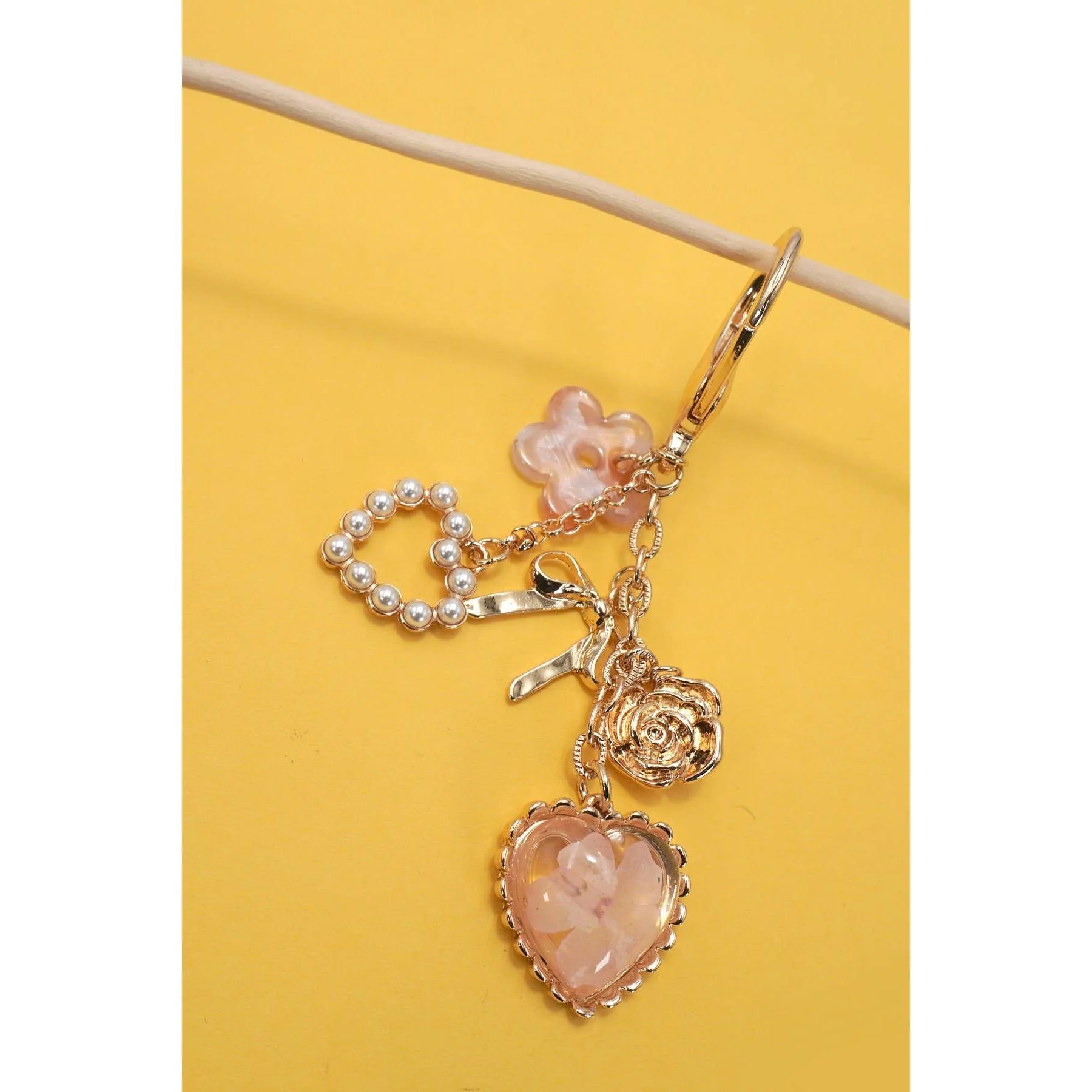 Pressed Flower Coquettecore Bow Pearl Heart Bag Charm in Gold Plating | Keychain Tote Accessories - Image 4